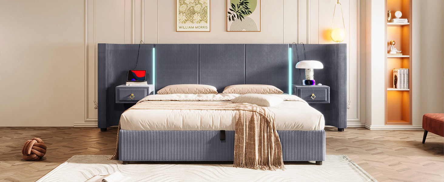 Logidon upholstered bed 180x200 cm gray velvet with LED strip storage space