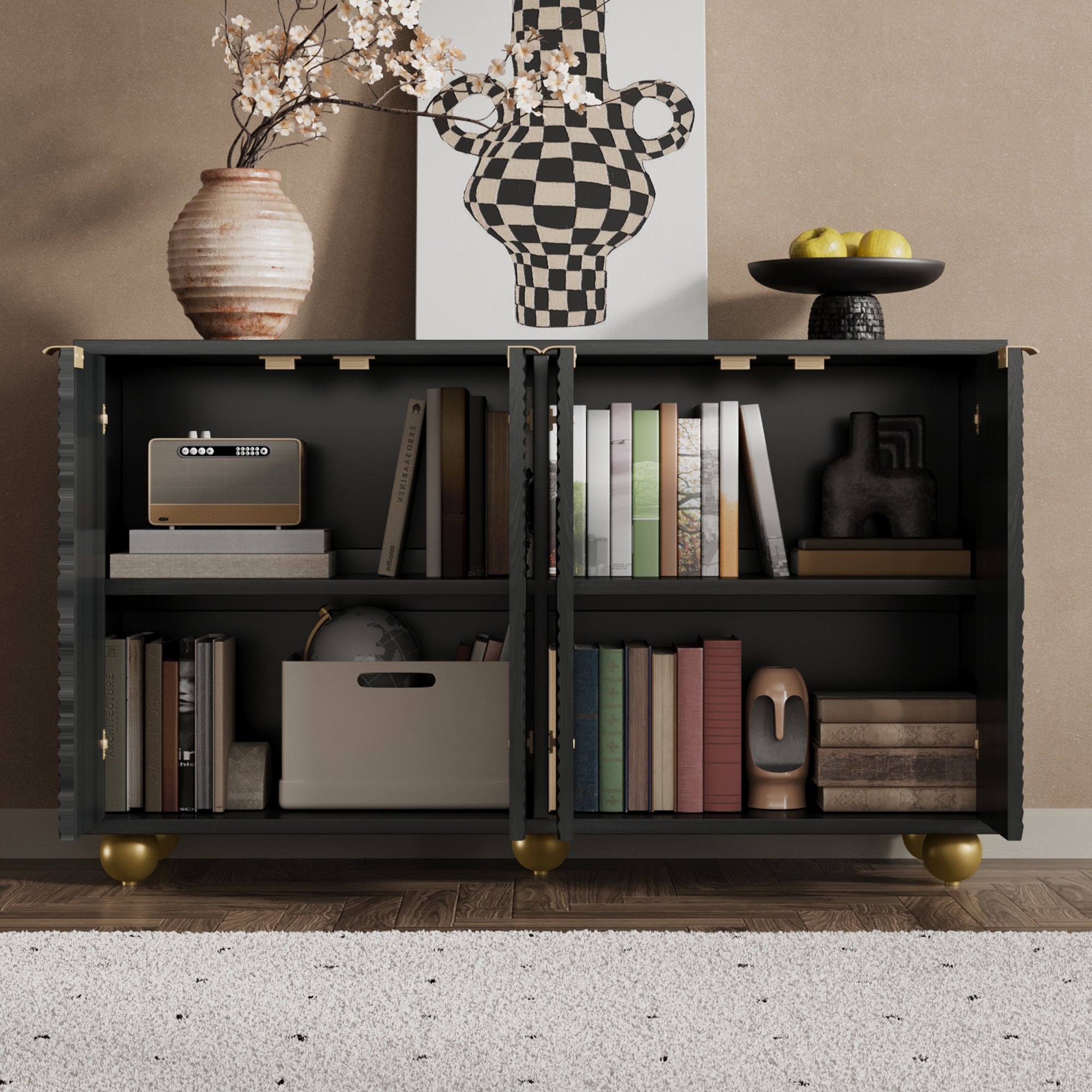 Logidon Dressoir 120 cm Zwart met Vier Deuren en Gouden Handgrepen