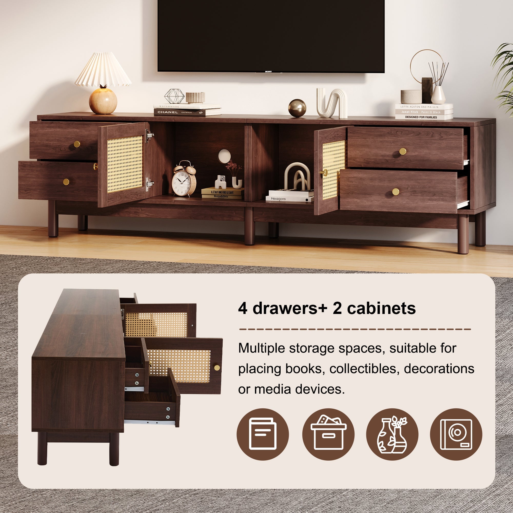 Logidon TV cabinet 180 cm dark wood look rattan doors cable management