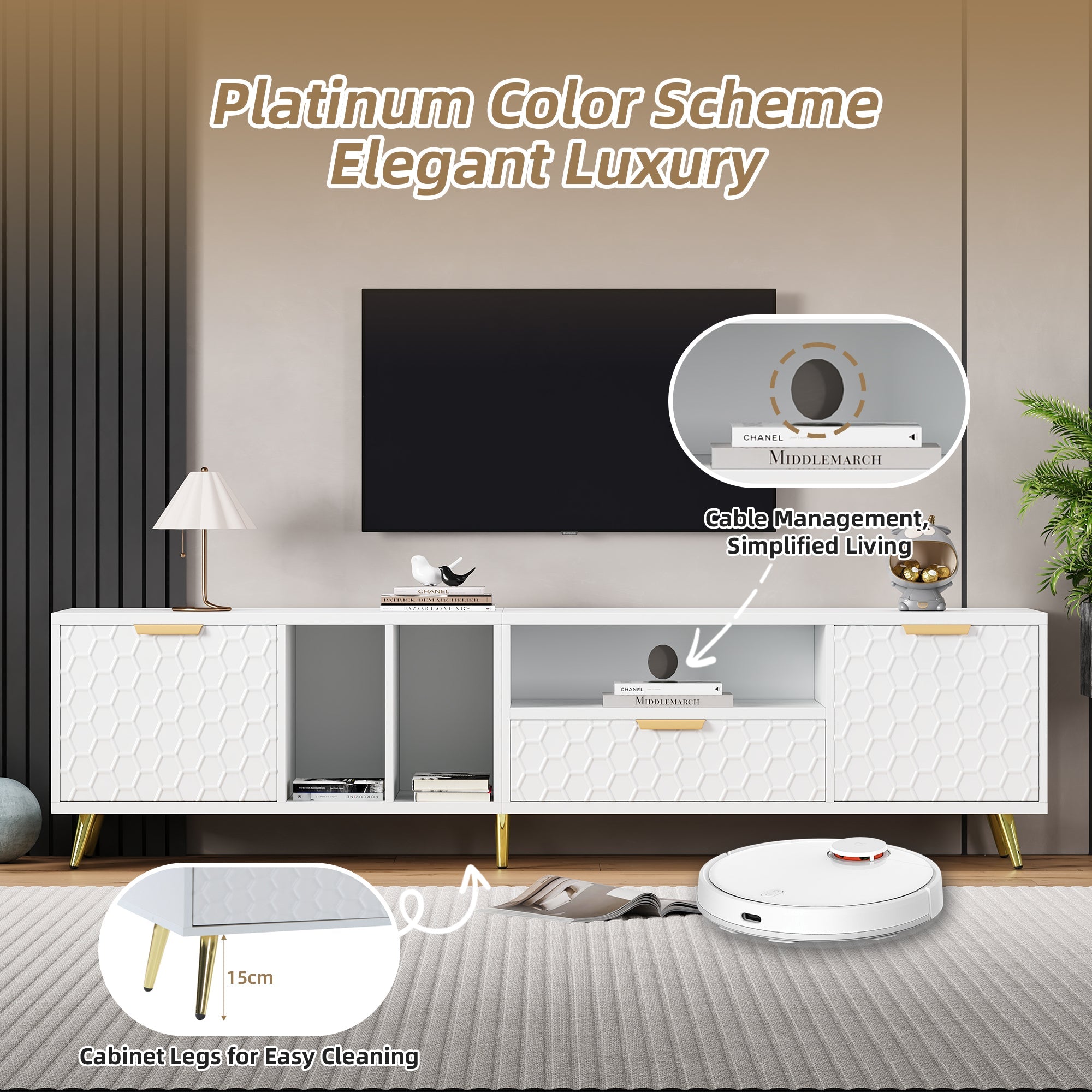 Logidon White TV Stand with Honeycomb Pattern and Storage Space for up to 80 Inches