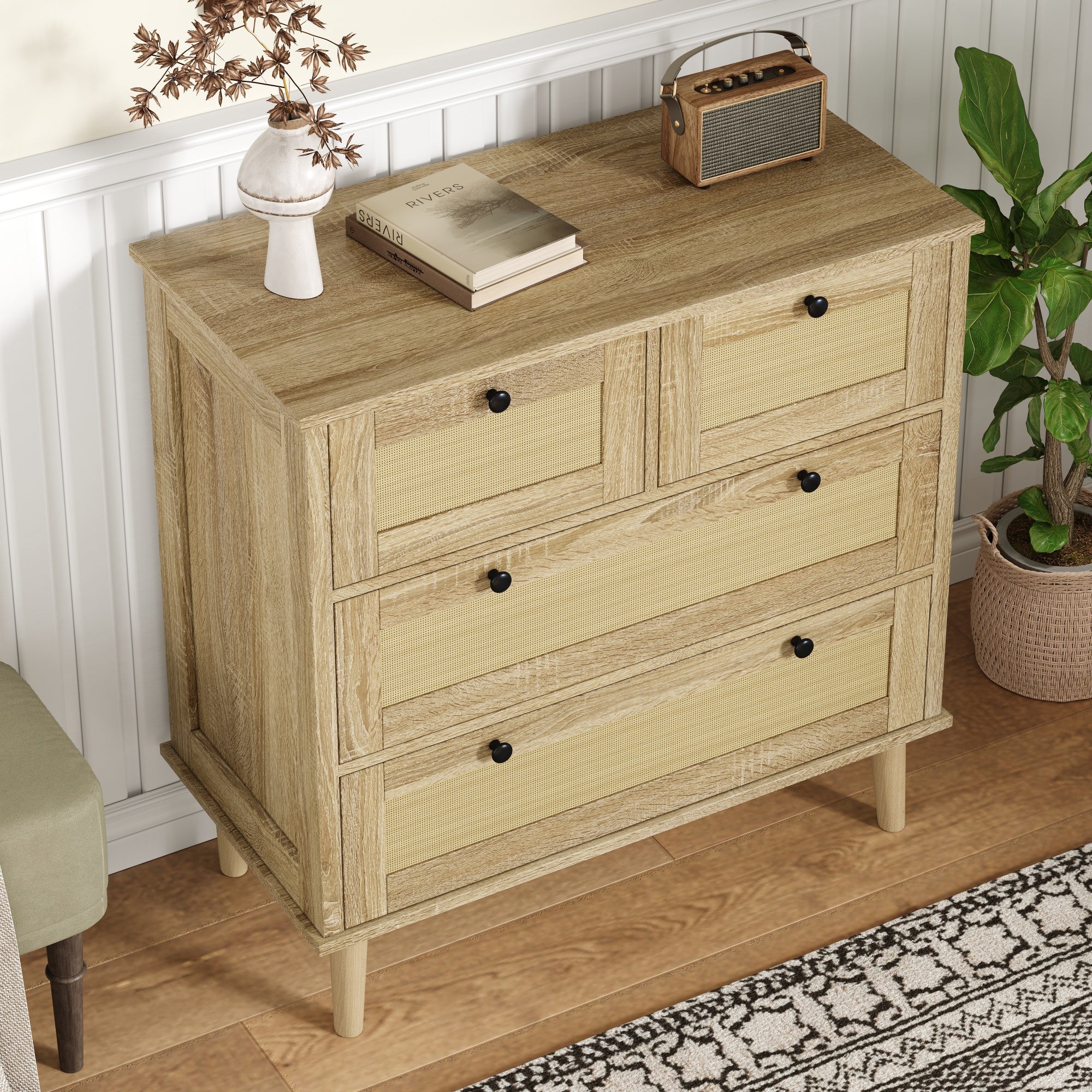 Logidon ladekast met 4 lades en rotan front naturel 80x40x80 cm