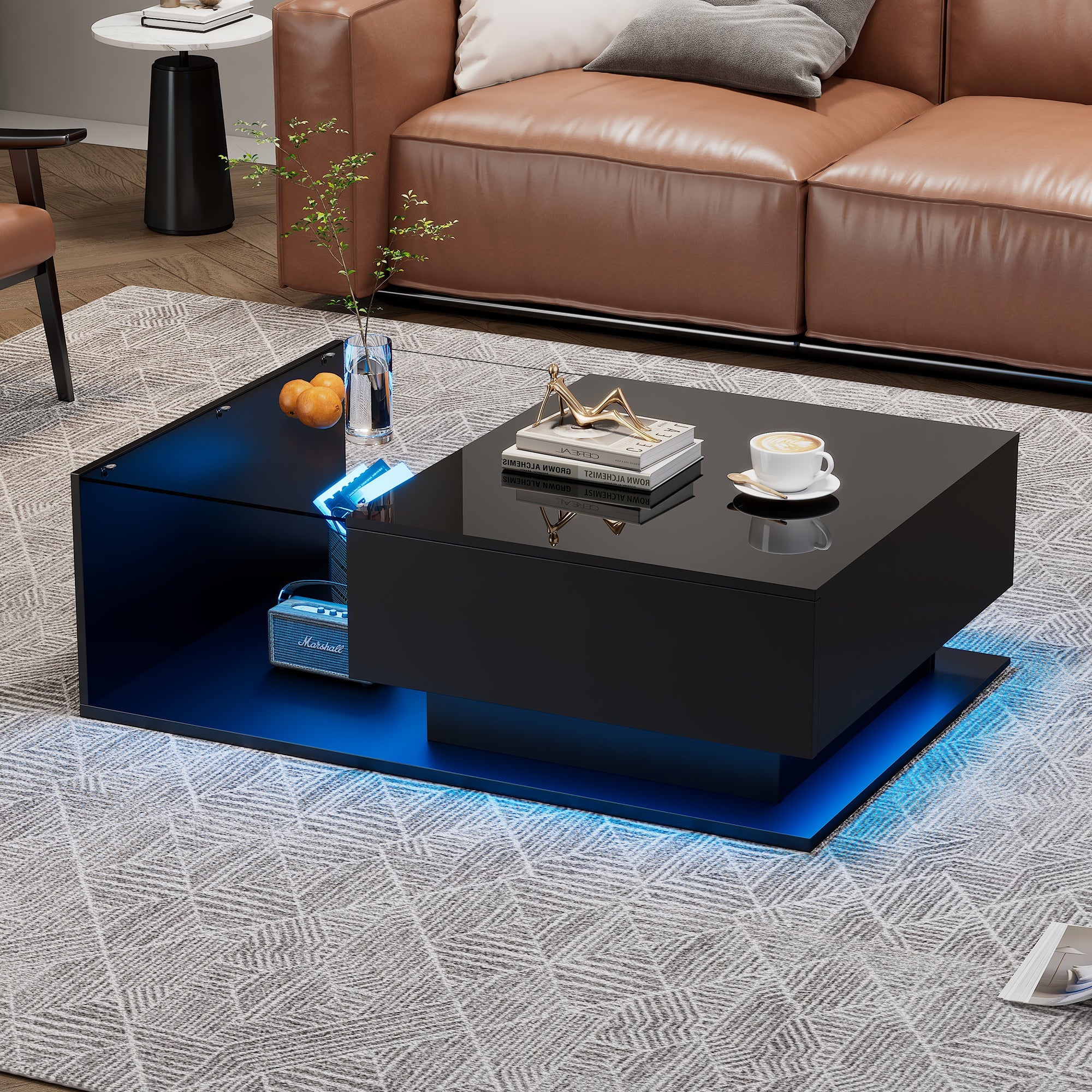 Logidon hoogglans zwarte salontafel 100x50x32 cm met glazen blad LED