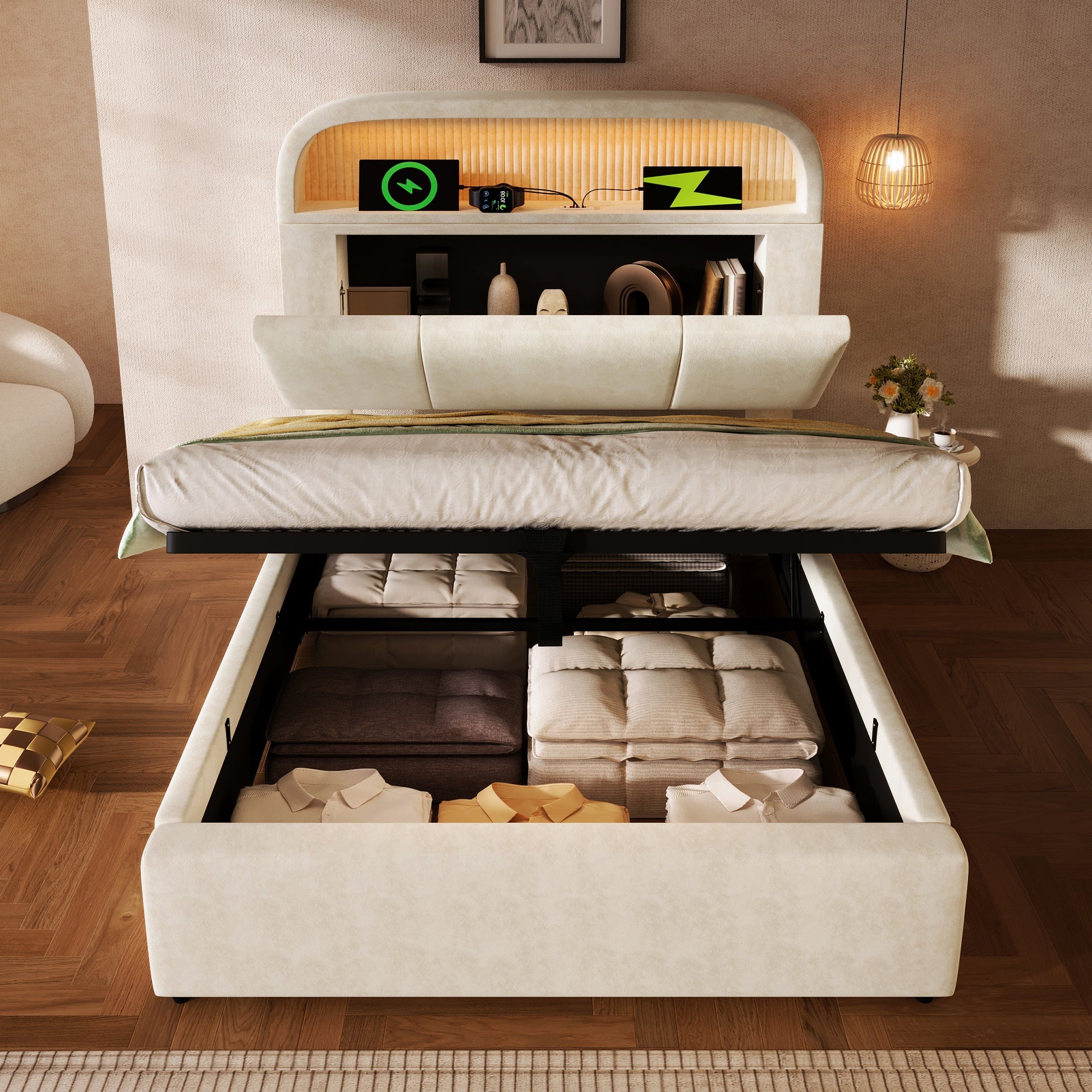 Logidon gestoffeerd bed 90x200 cm beige fluweel met opbergruimte hoofdbord, LED