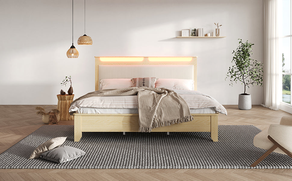 Logidon tweepersoonsbed 160x200 cm met opbergruimte en LED-verlichting beige