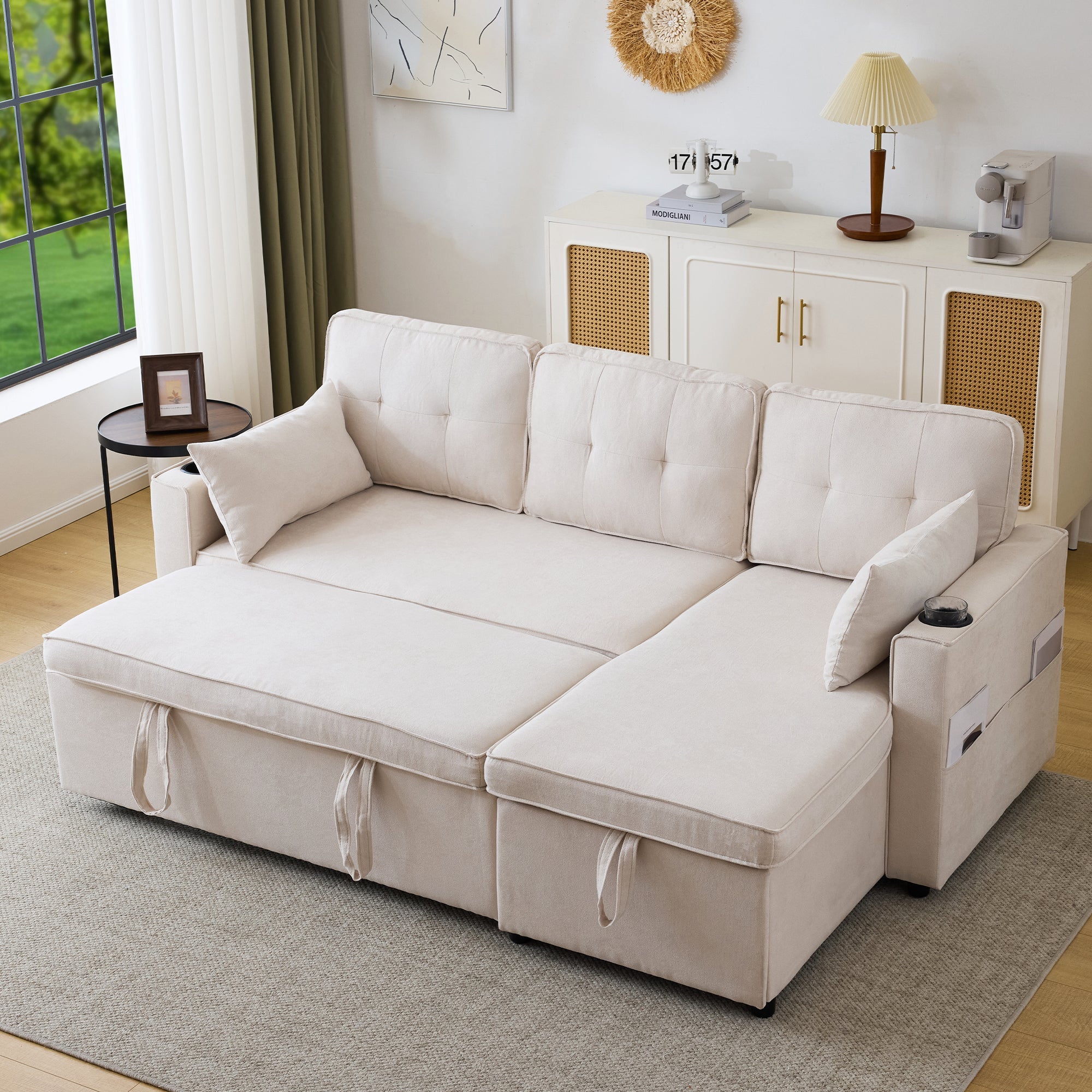 Logidon slaapbank L-vorm beige stof met opbergruimte en bekerhouder
