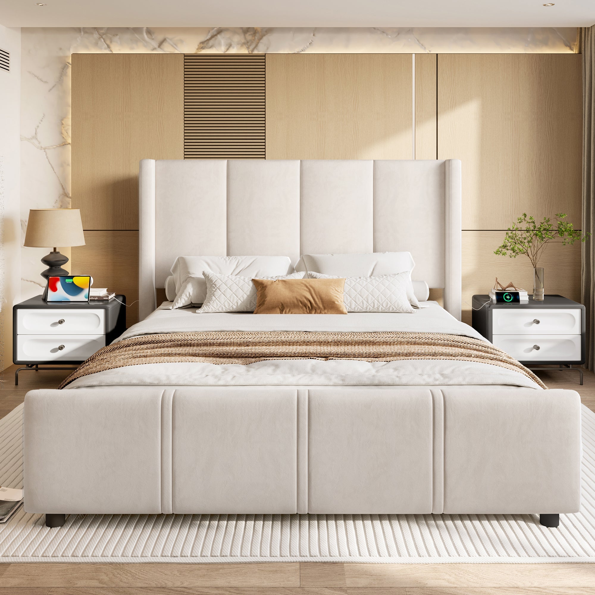 Logidon stoffen bedframe 140x190 beige velours USB-aansluiting