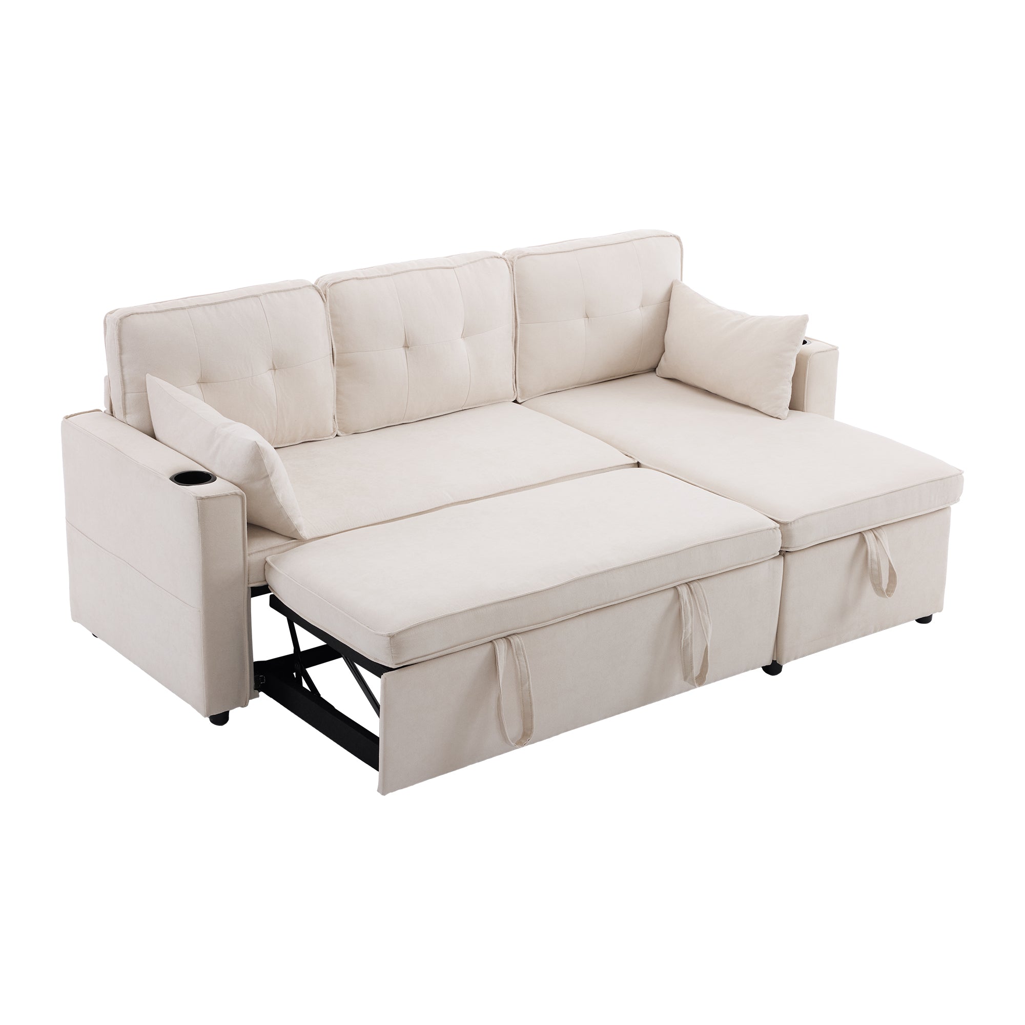 Logidon slaapbank L-vorm beige stof met opbergruimte en bekerhouder
