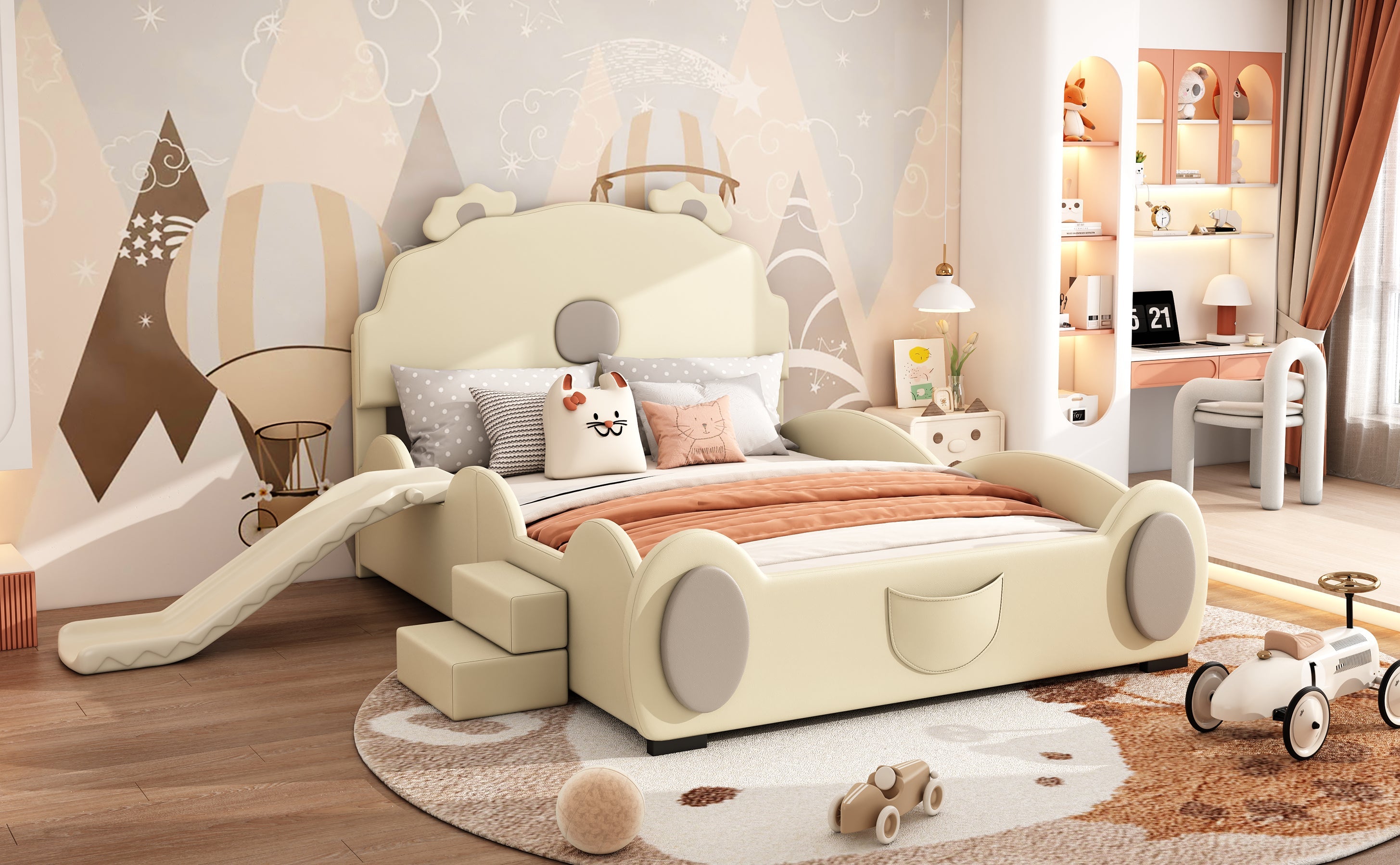 Logidon Cartoon Bear Bed 90x200 cm With Slide And Ladder Beige
