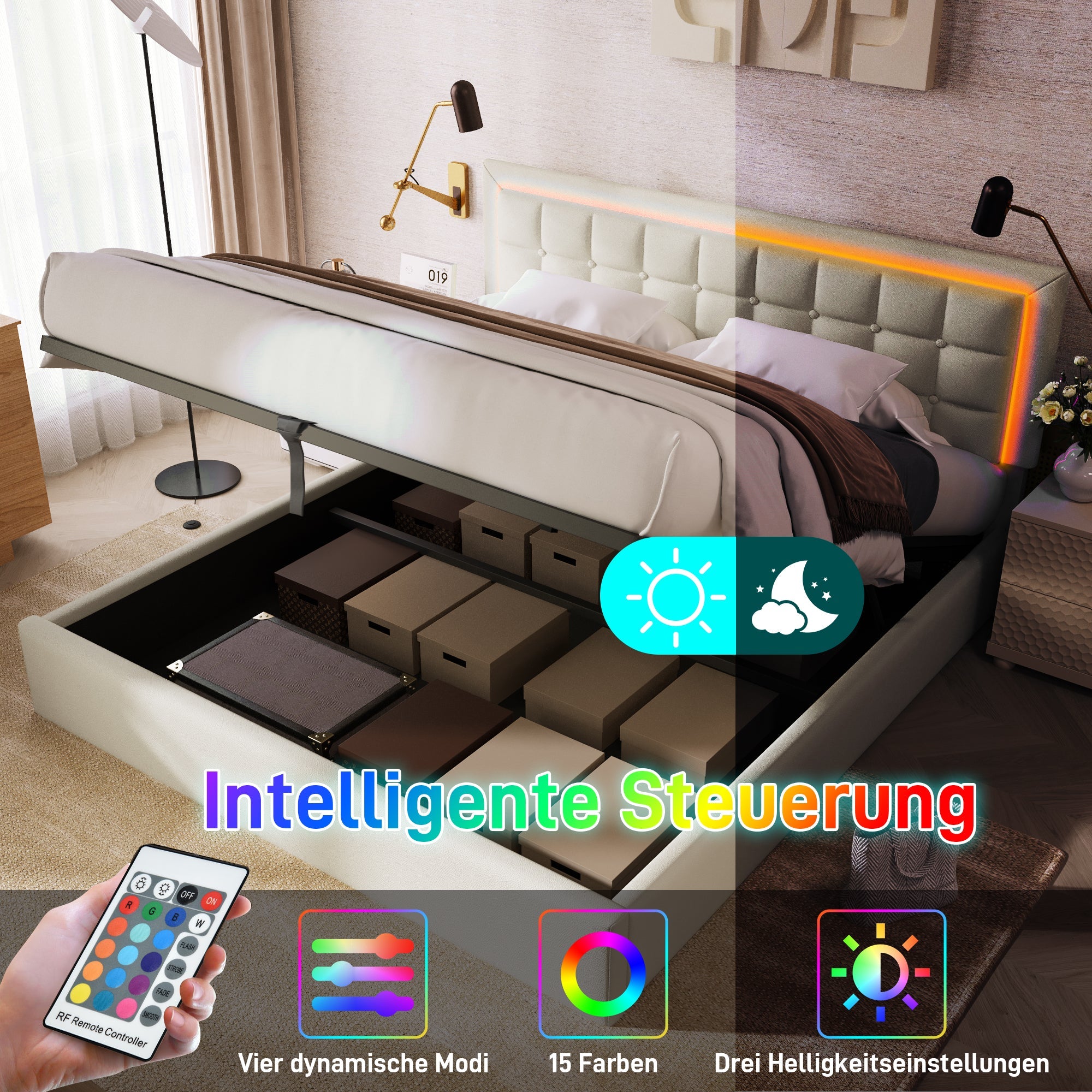 Logidon gestoffeerd bed 140x200 wit met opbergruimte en LED-verlichting