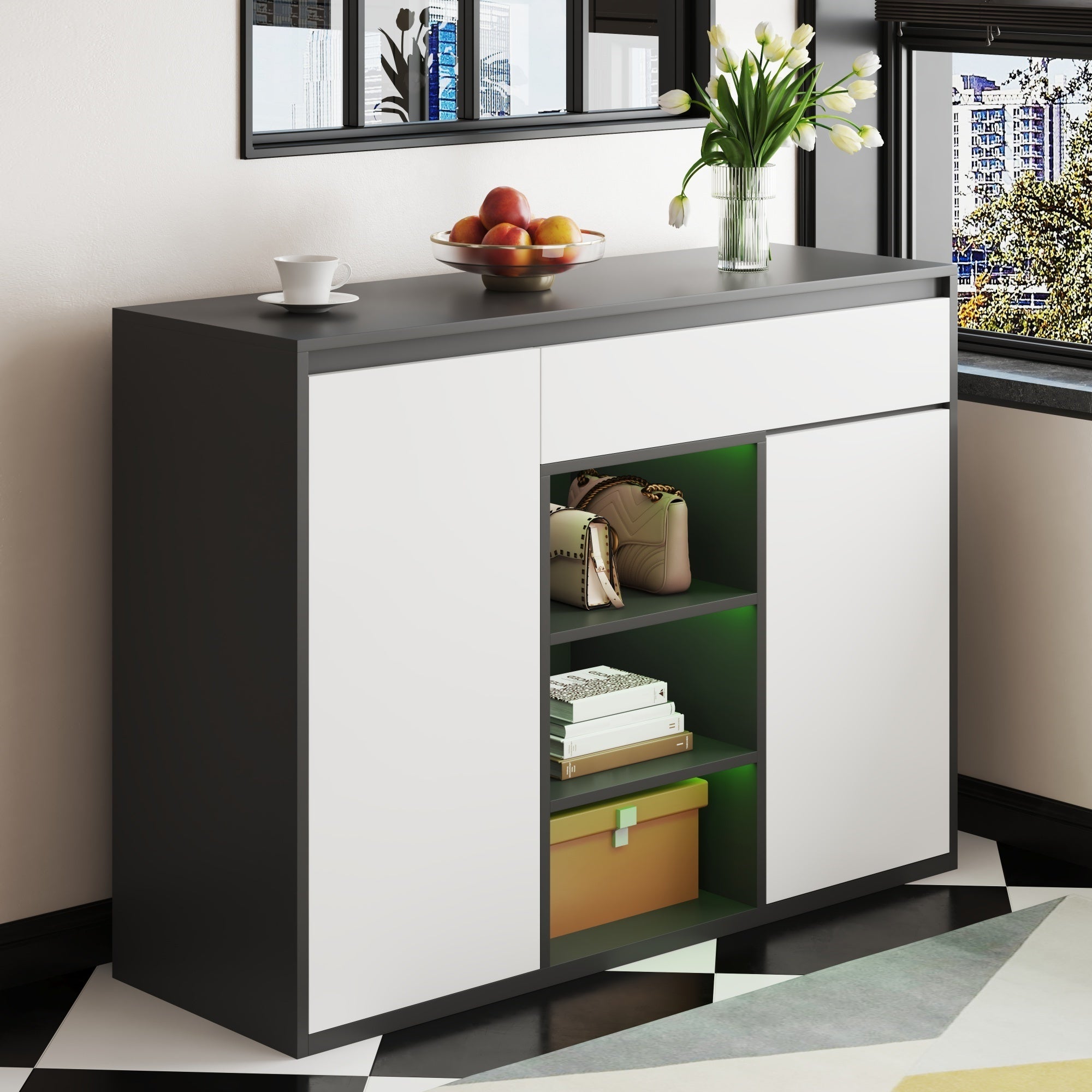 Logidon Shoe Cabinet Black White Two Doors Adjustable Shoe Rack