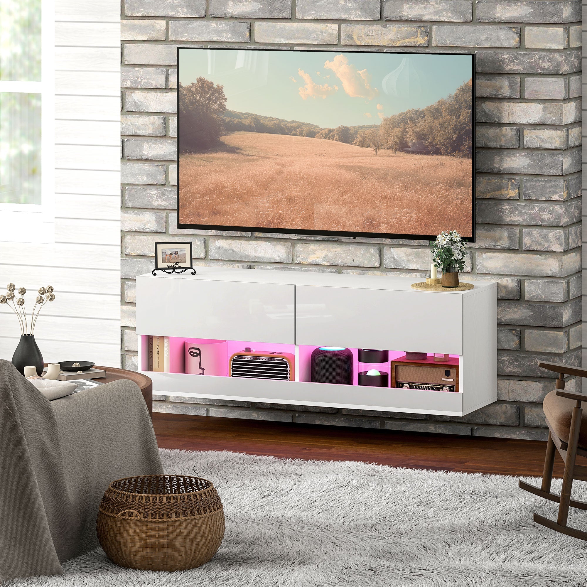 Logidon TV wall cabinet white high gloss LED 16 flashing modes 120 cm