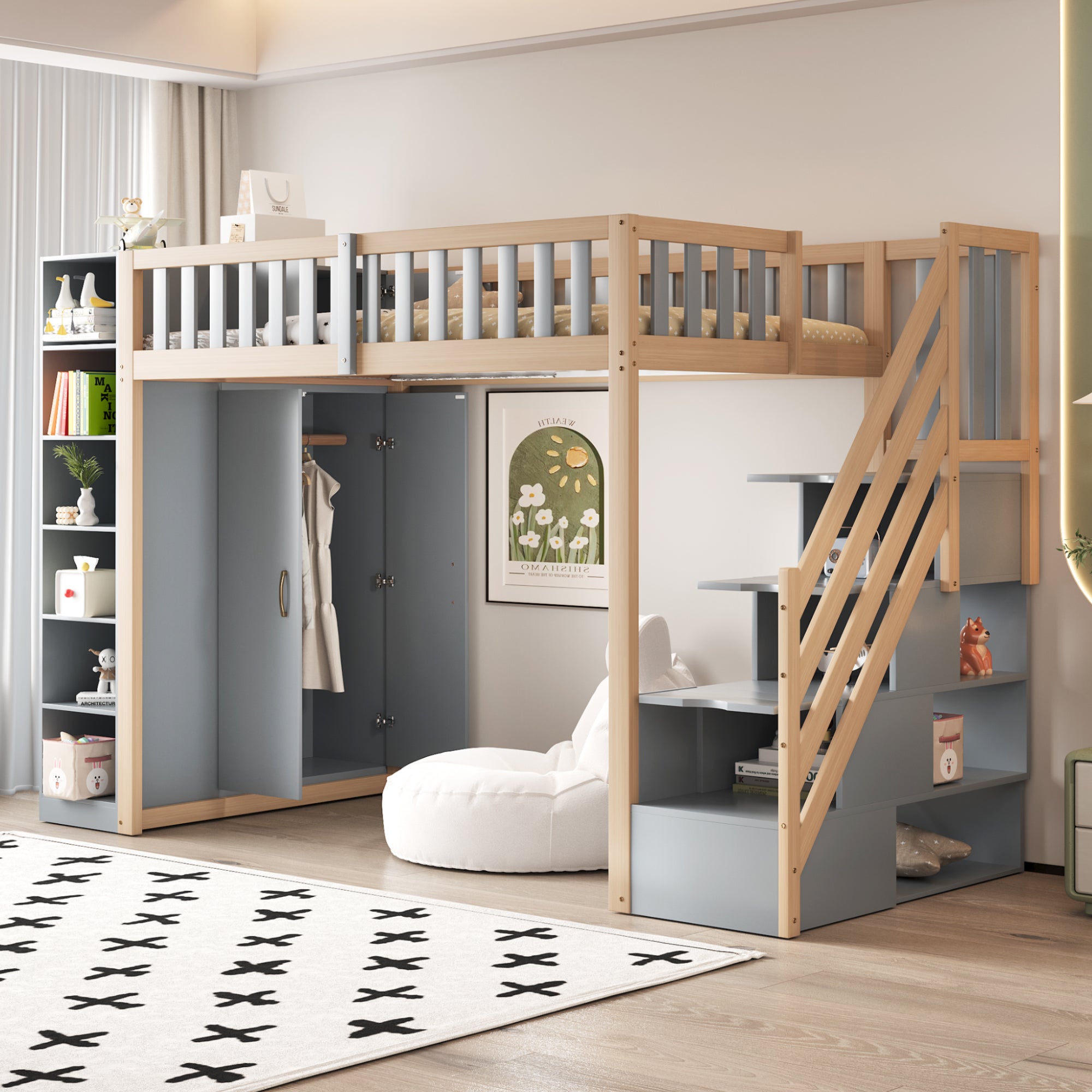 Logidon hoogslaper 90x200 multifunctioneel grijs natuurlijk hout met planken