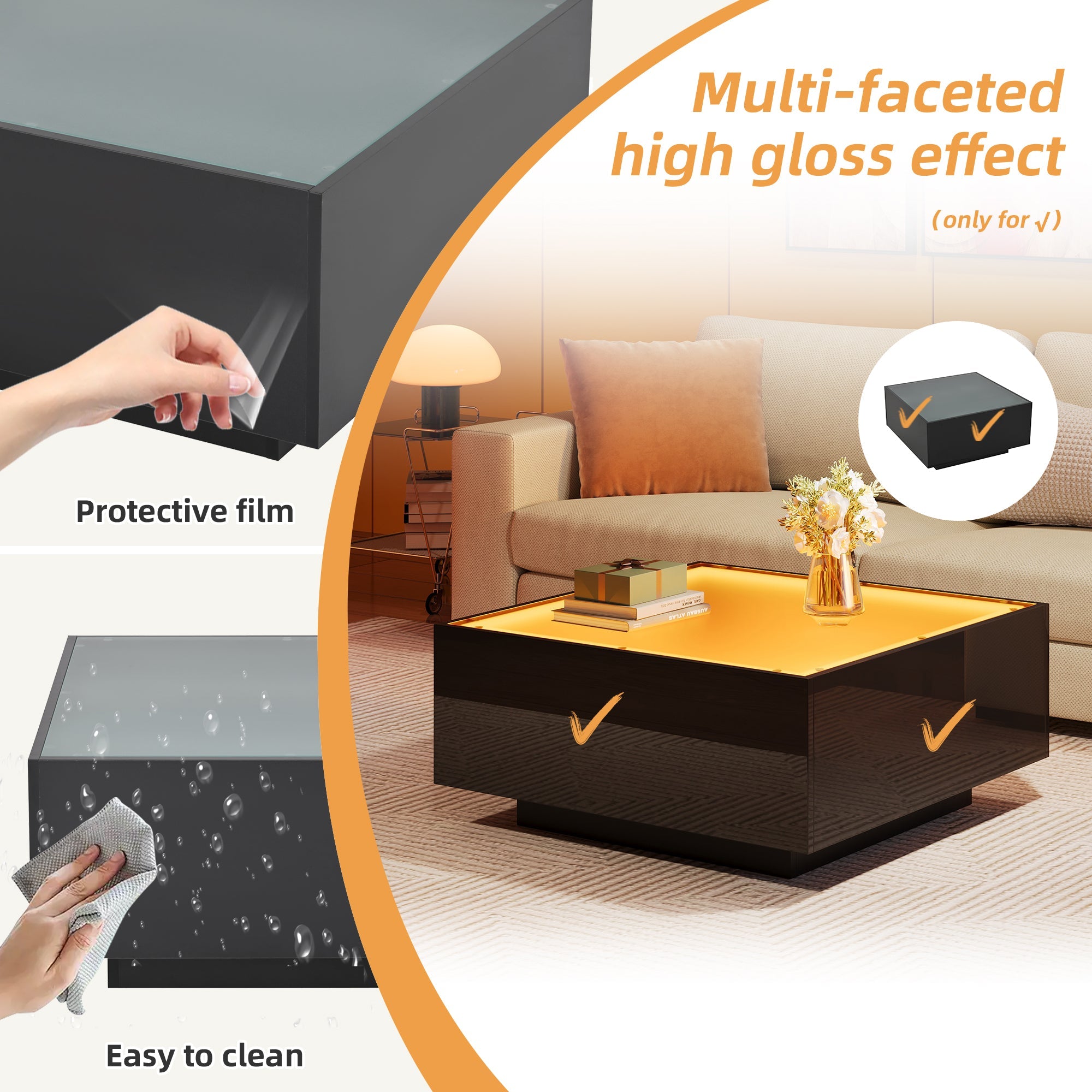 Logidon salontafel 70x70 cm glazen tafelblad LED zwart