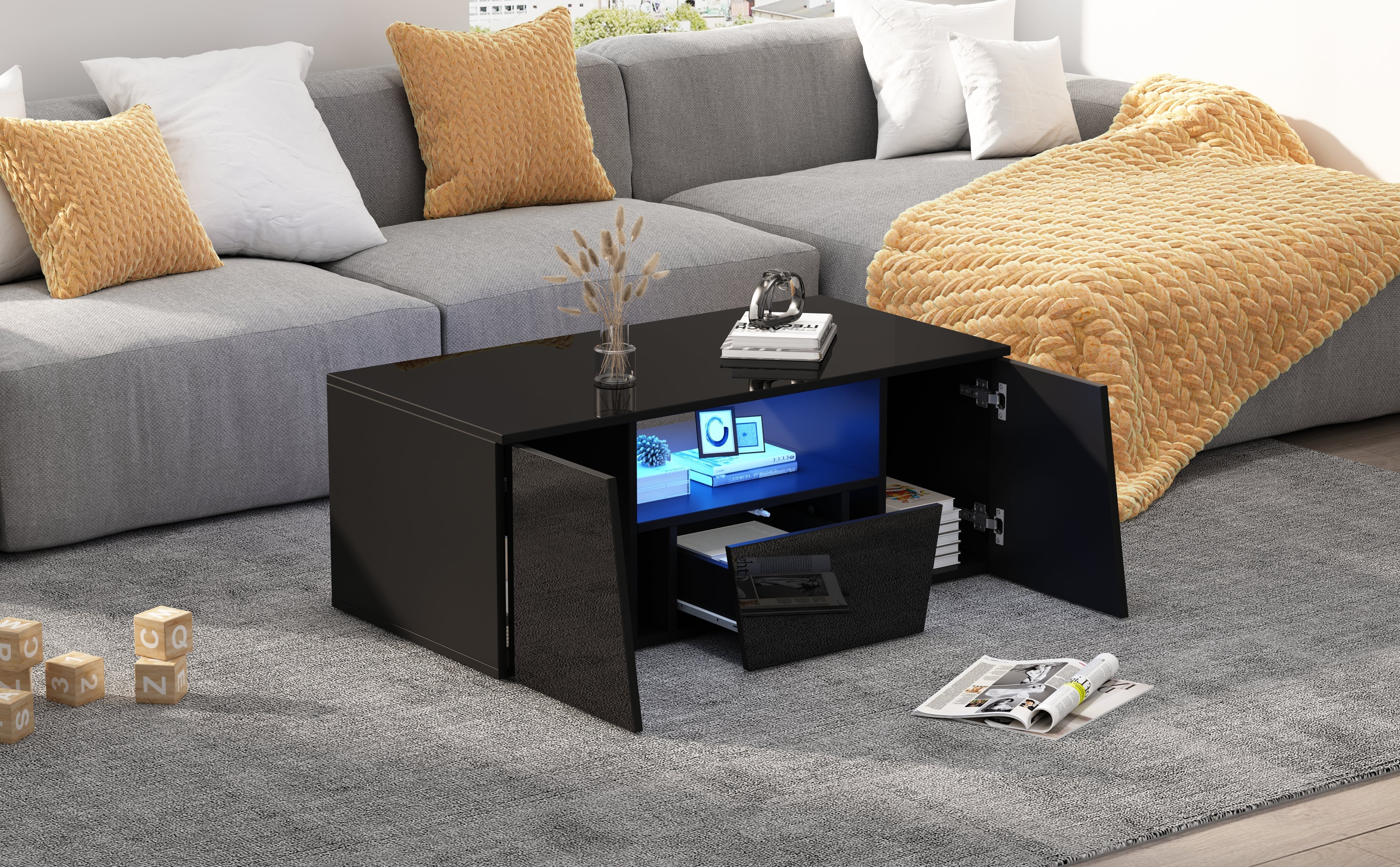 Logidon coffee table 100x50x40 cm black with LED 2 cabinets 1 drawer