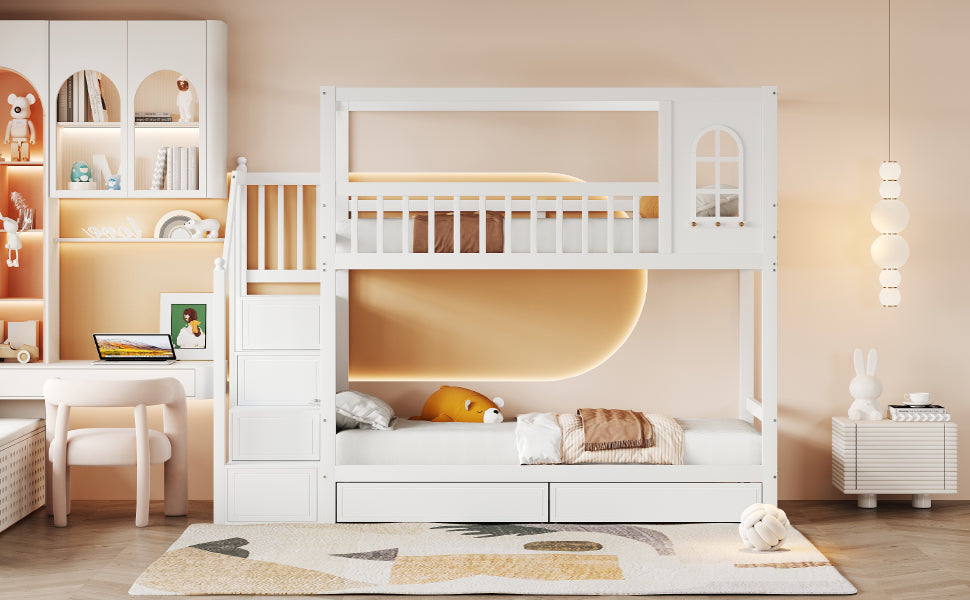 Logidon stapelbed 90x200 cm wit massief houten huisvorm met lades