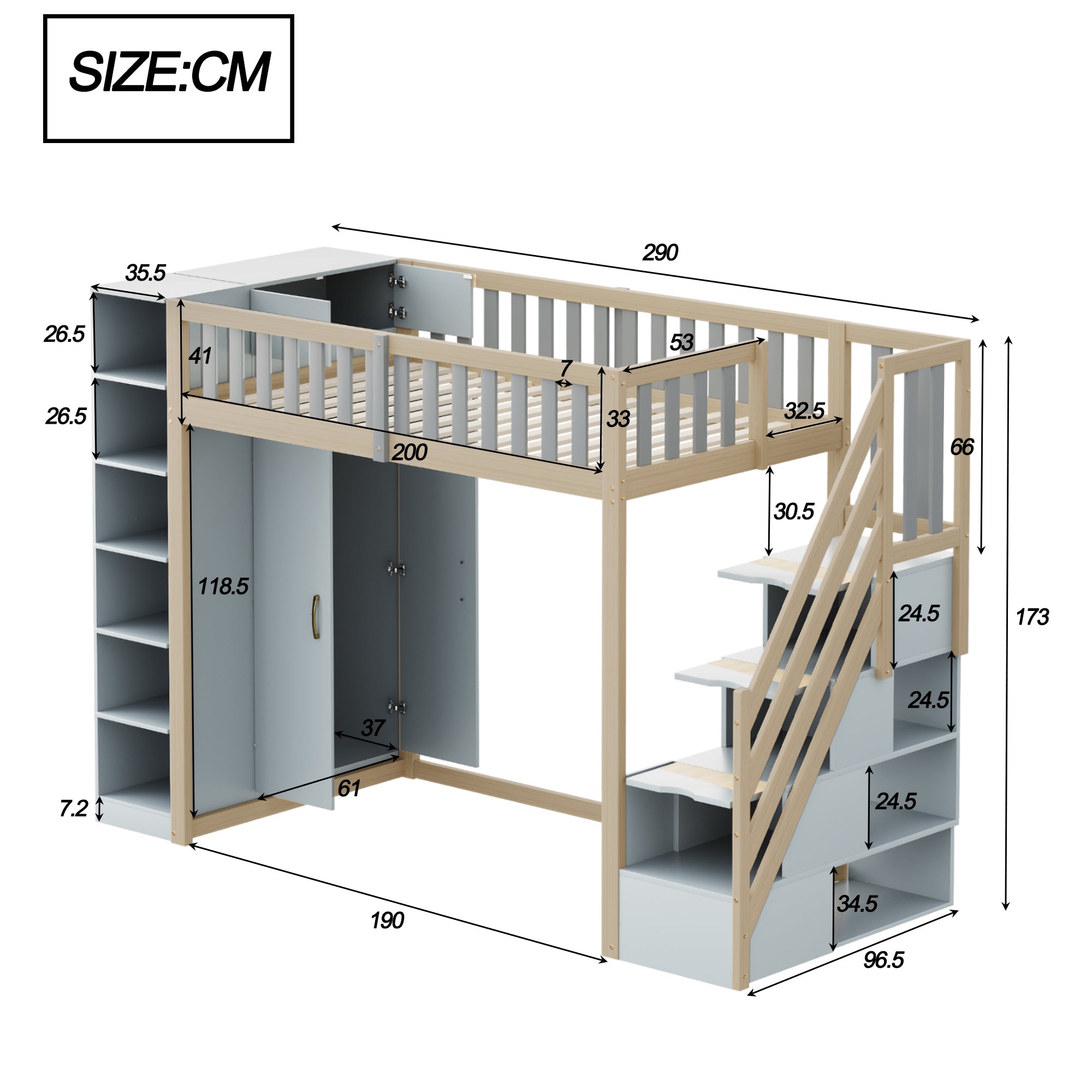 Logidon hoogslaper 90x200 multifunctioneel grijs natuurlijk hout met planken