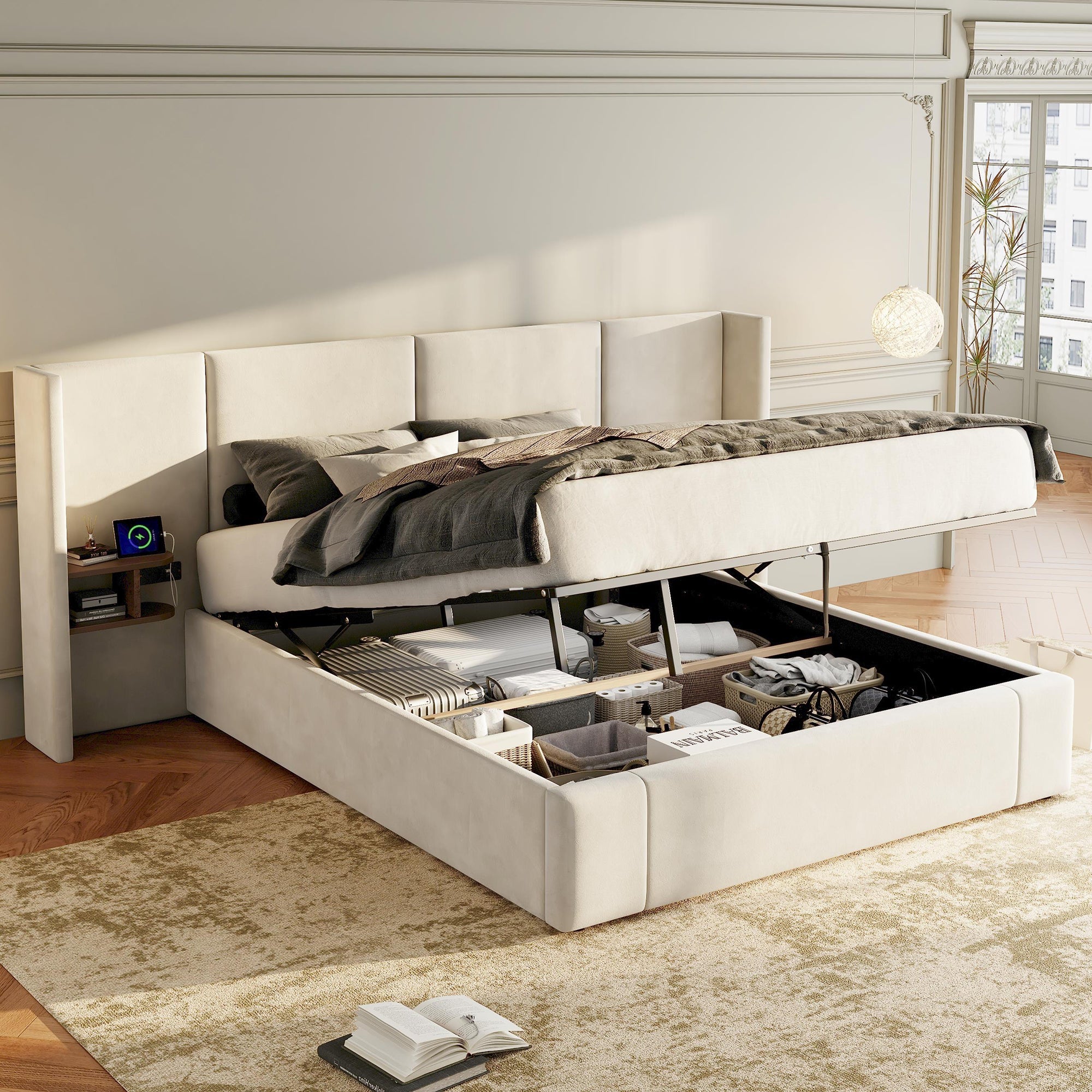 Logidon gestoffeerd bed 160x200 beige fluweel met USB-aansluitingen opbergruimte