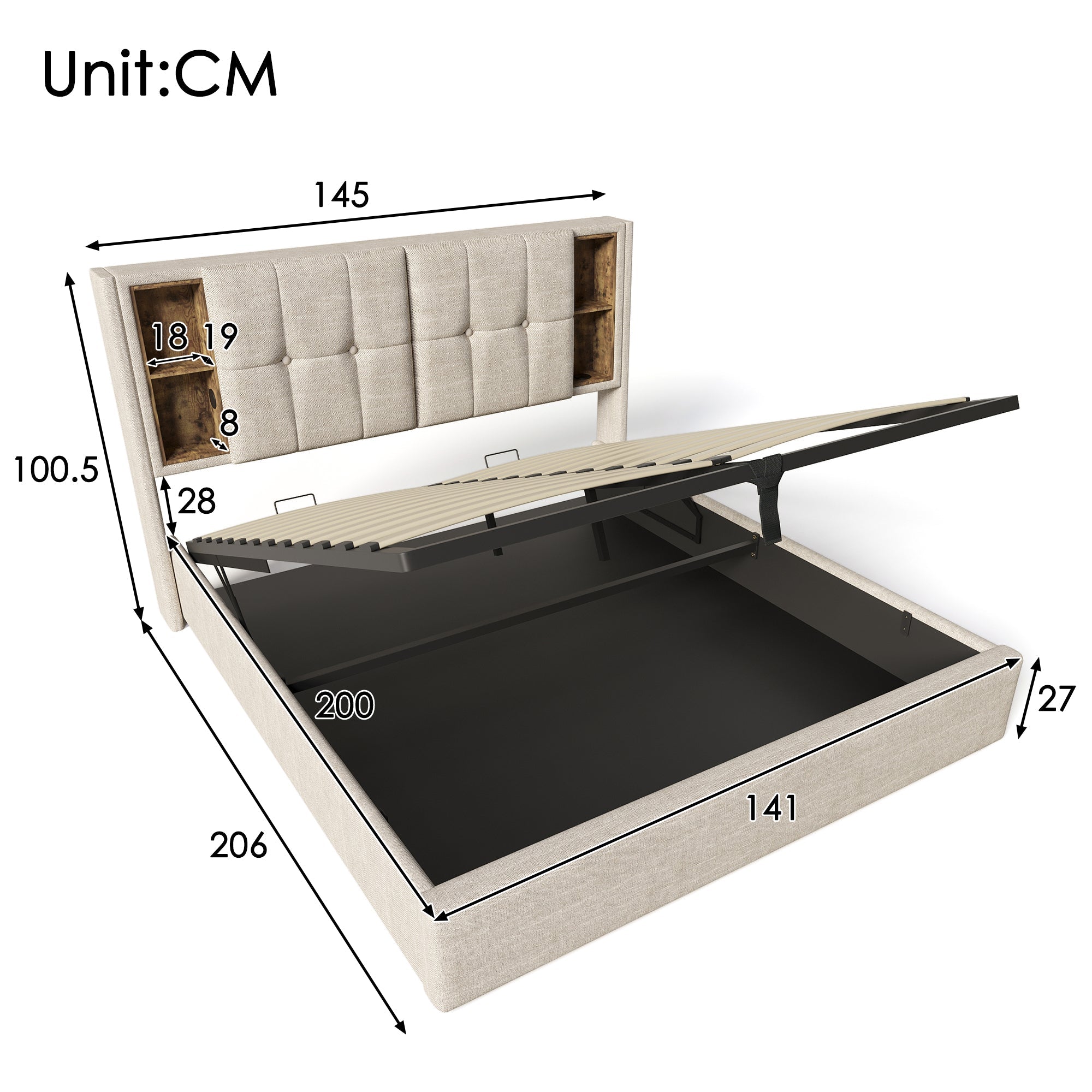Logidon tweepersoonsbed 140x200 met draadloos opladen USB-C opbergruimte