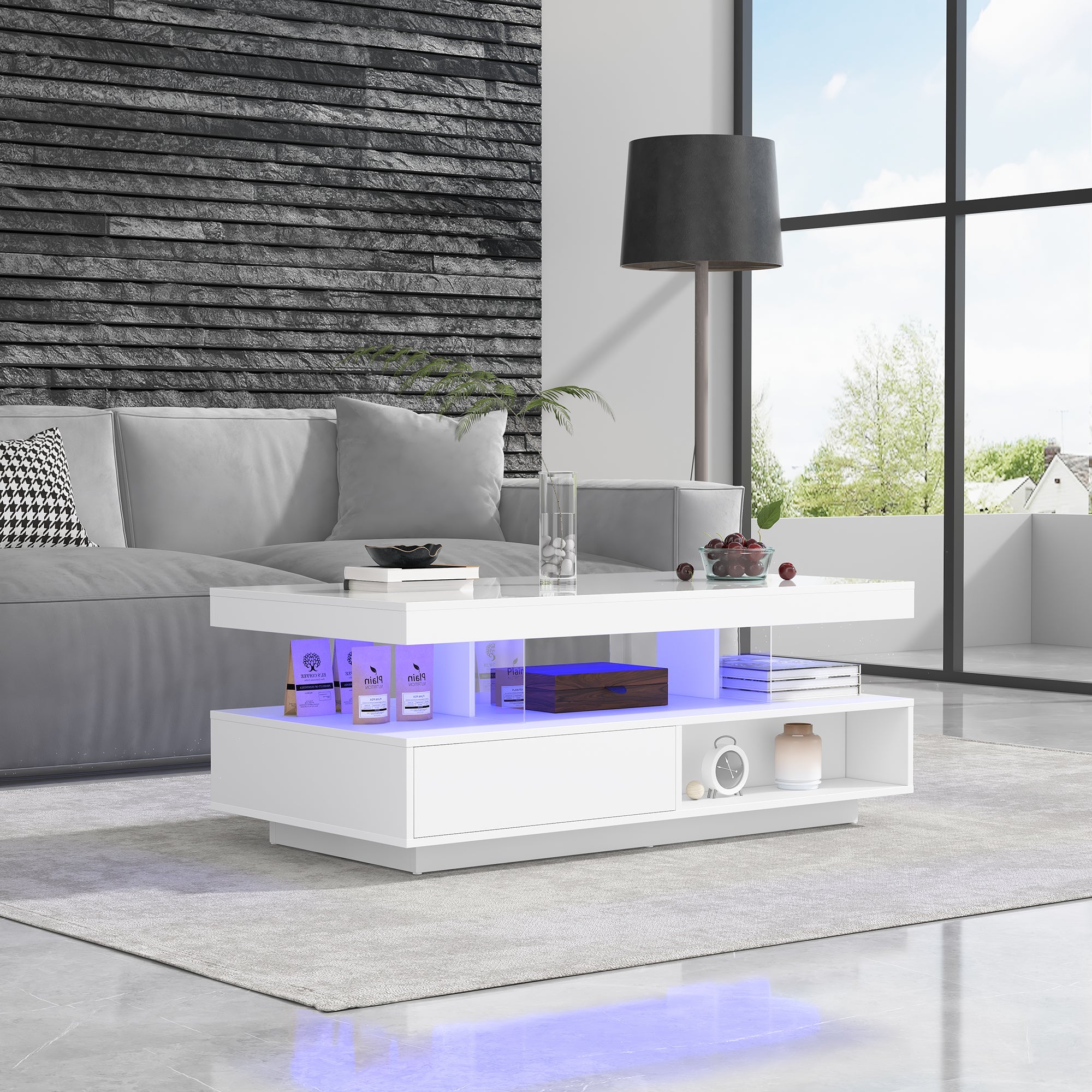 Logidon Witte Hoogglans Salontafel 95x50 cm Met Glazen Bladen