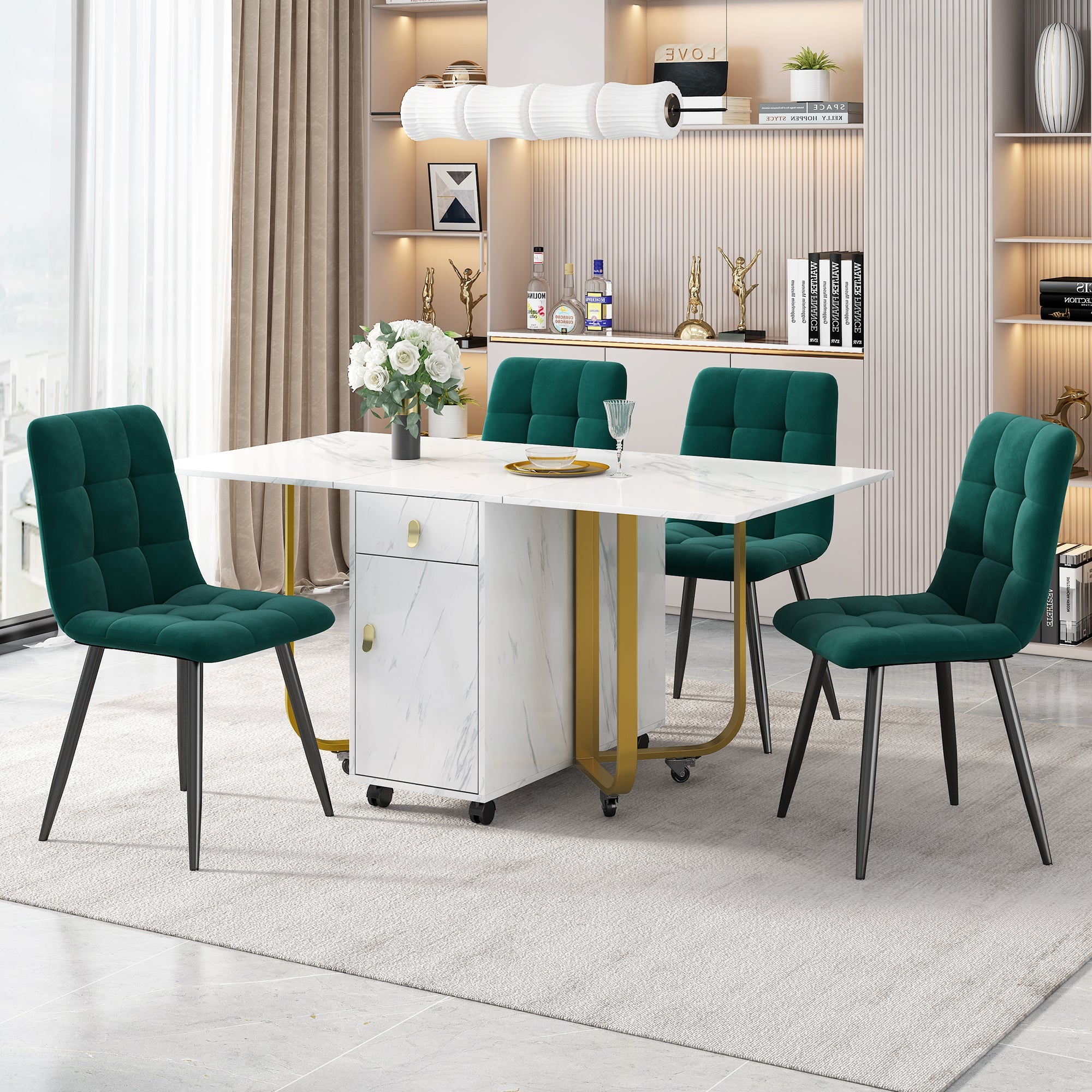Logidon eettafelgroep 150x80 cm opklapbaar met 4 fluwelen stoelen groen