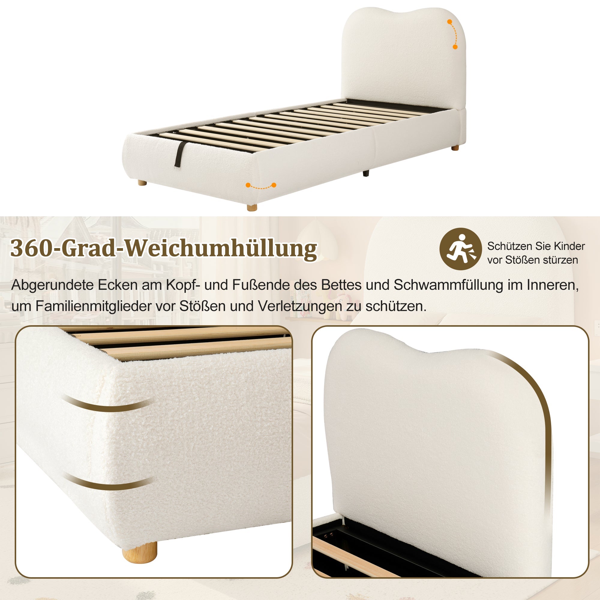 Logidon Hydraulisch Kinderbed 90 x 200 cm met Opbergruimte Beige Bouclé