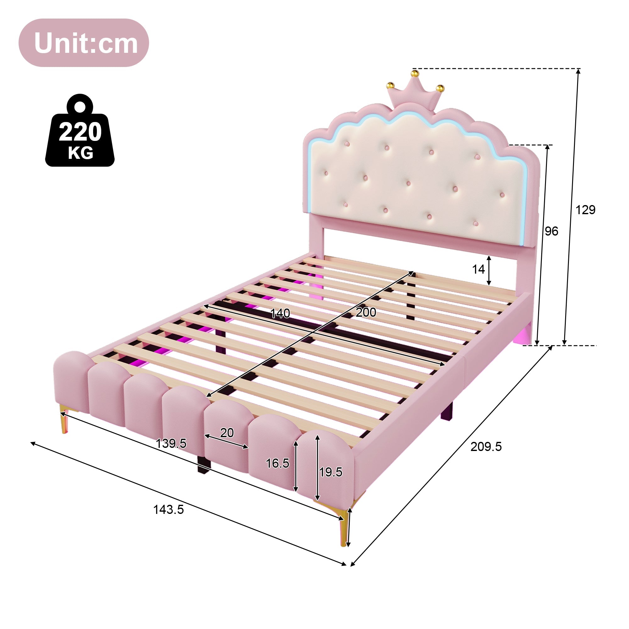 Logidon gestoffeerd bed 140x200 roze met lattenbodem LED-verlichting