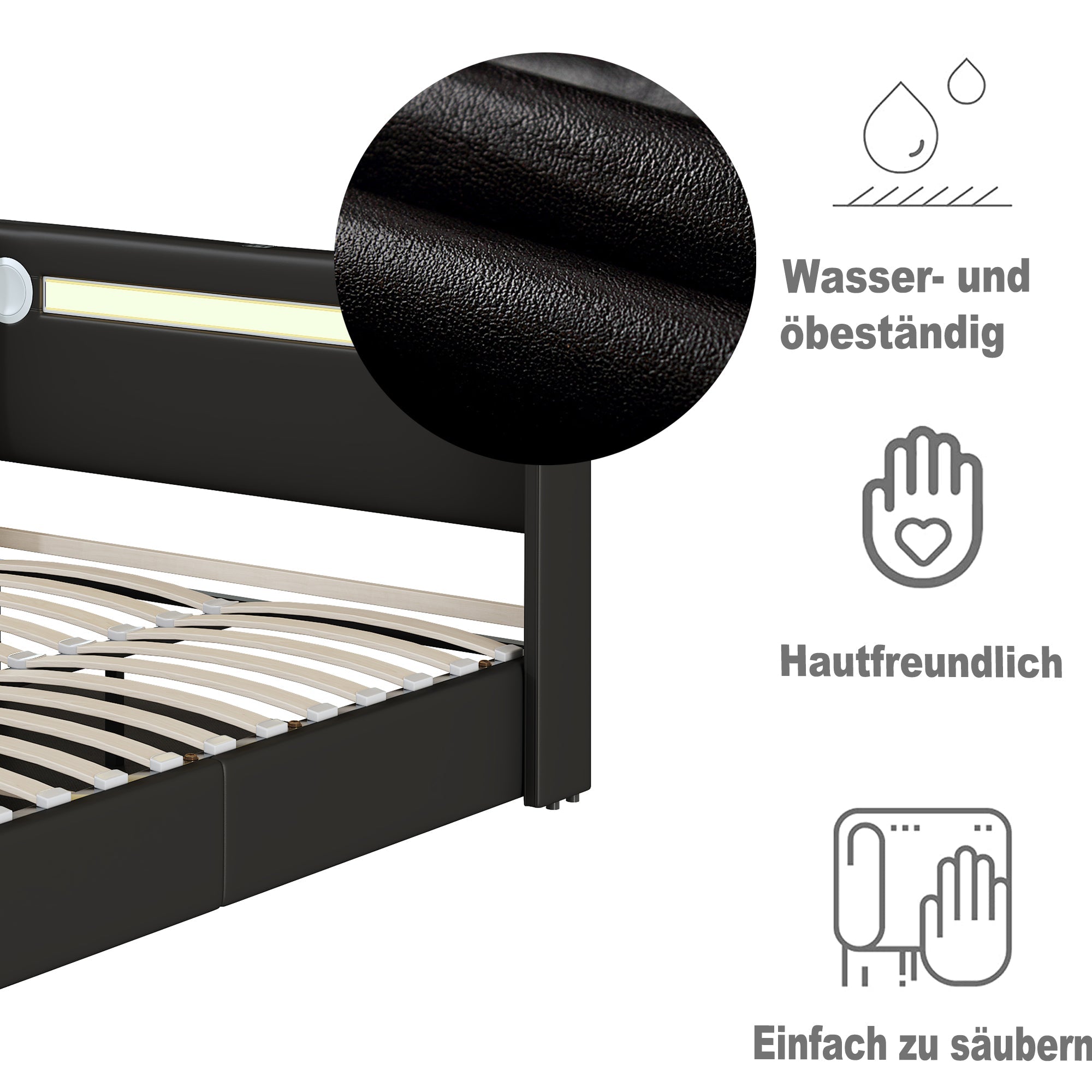 Logidon gestoffeerd bed 90x200 met LED lichtstrip Bluetooth USB zwart