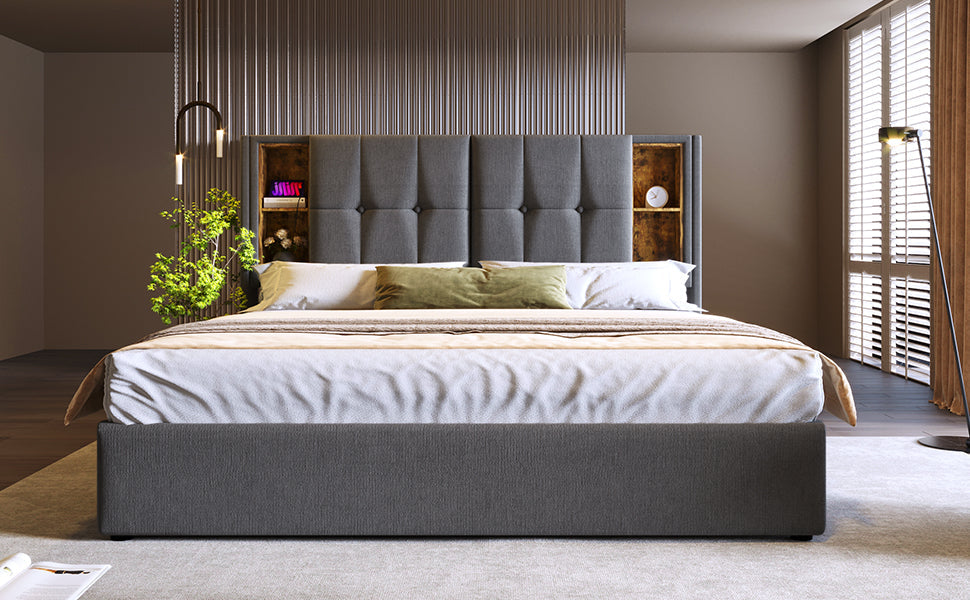 Logidon tweepersoonsbed 140x200cm met draadloos opladen USB C grijs