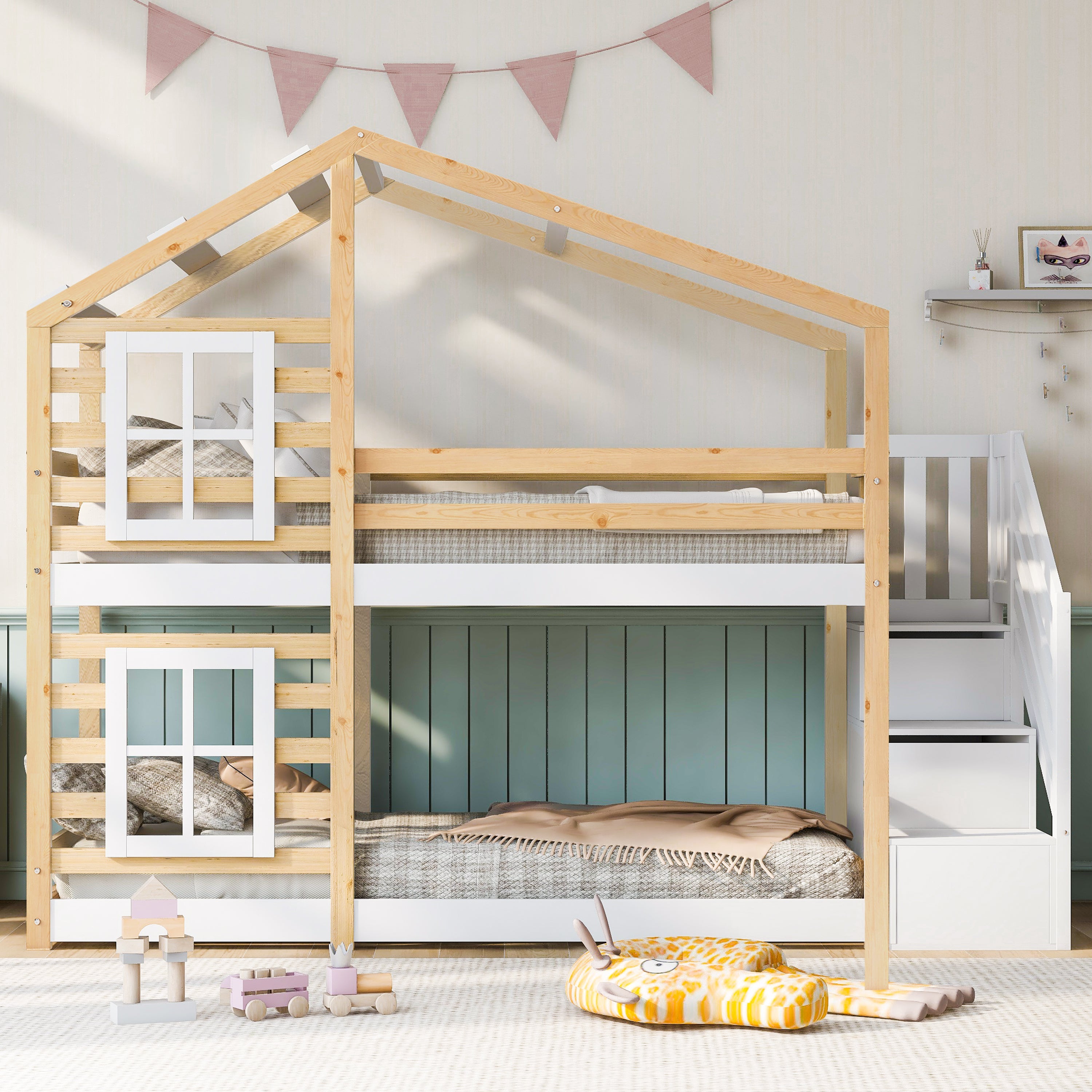 Logidon stapelbed boomhut 90x200 cm - naturel wit, 2 lattenbodems