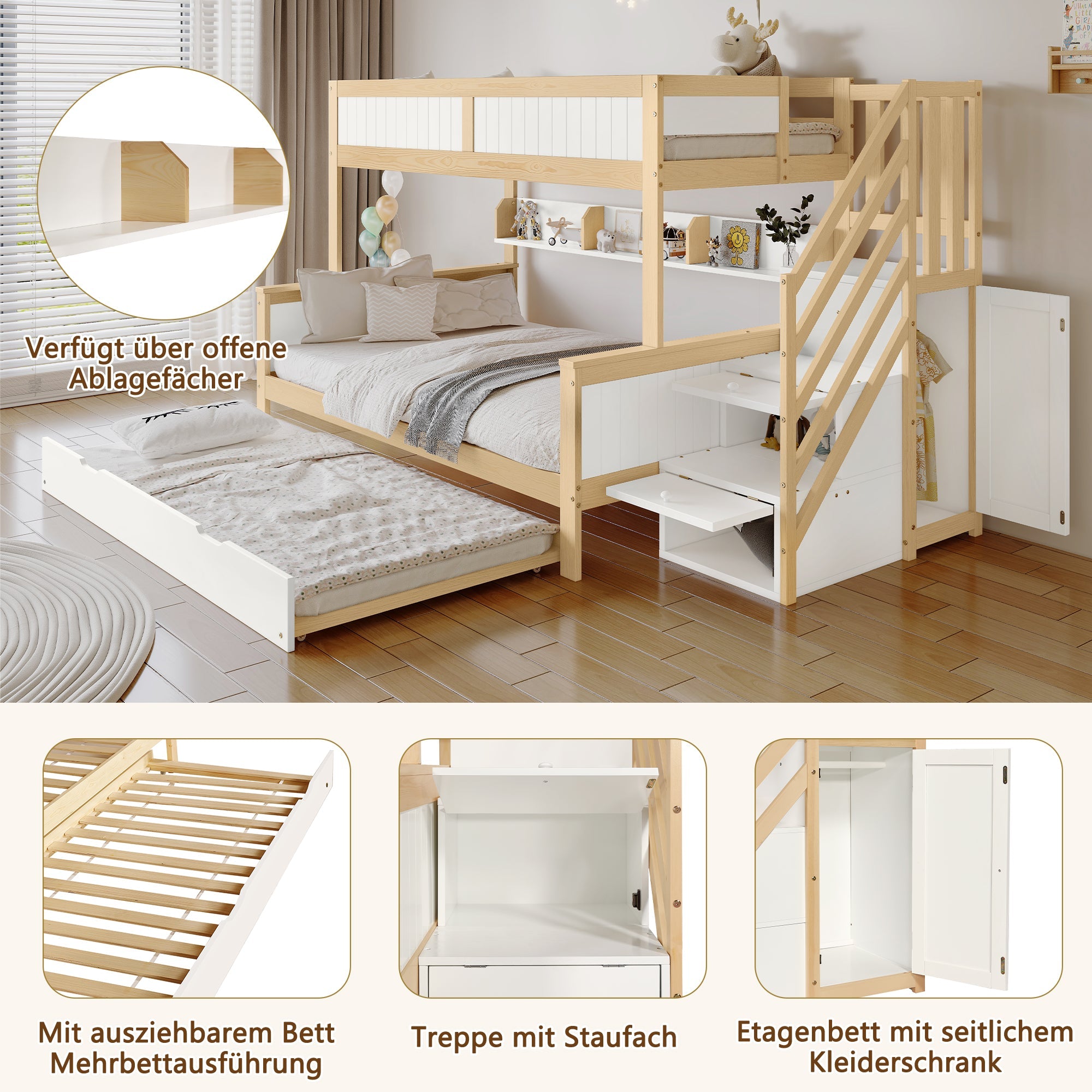 Logidon stapelbed naturel raster hoektrap onderschuifbed 90x200 120x200
