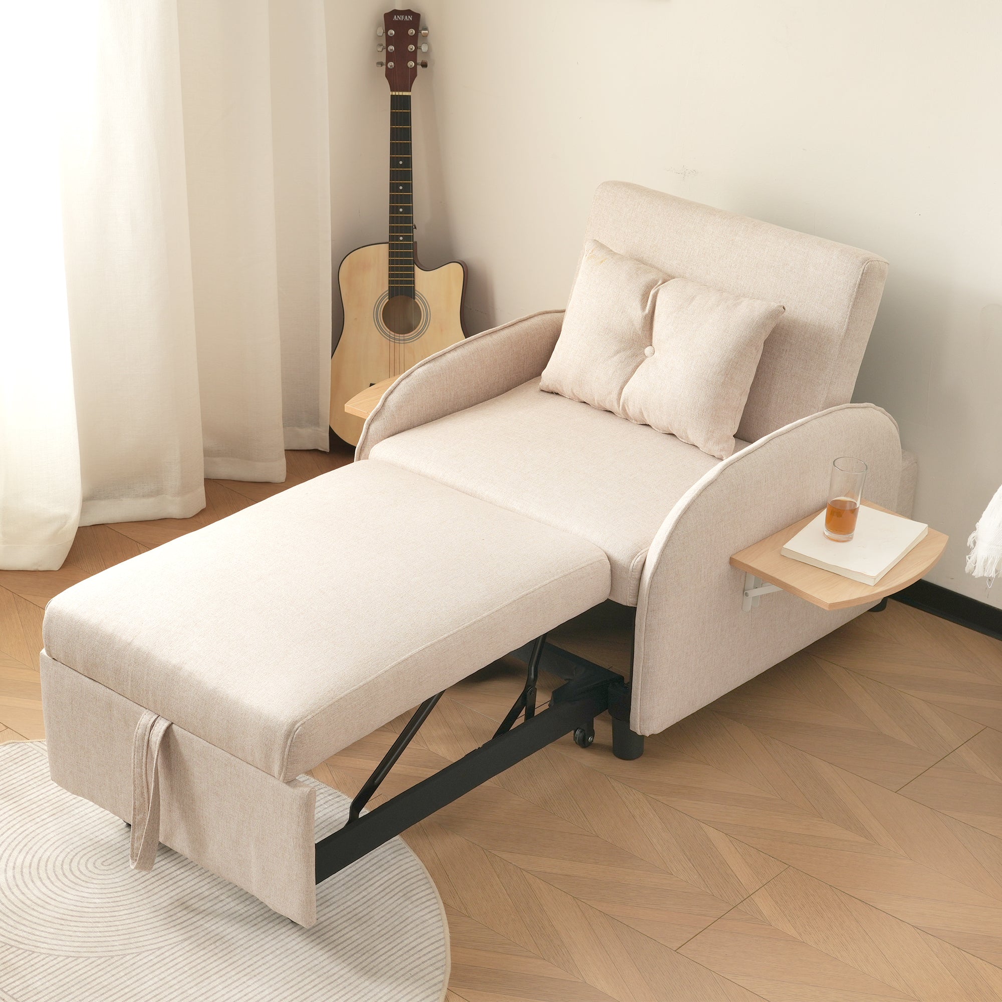 Logidon 3-in-1 slaapbank beige uitschuifbaar eenpersoonsbed ligstoel fauteuil