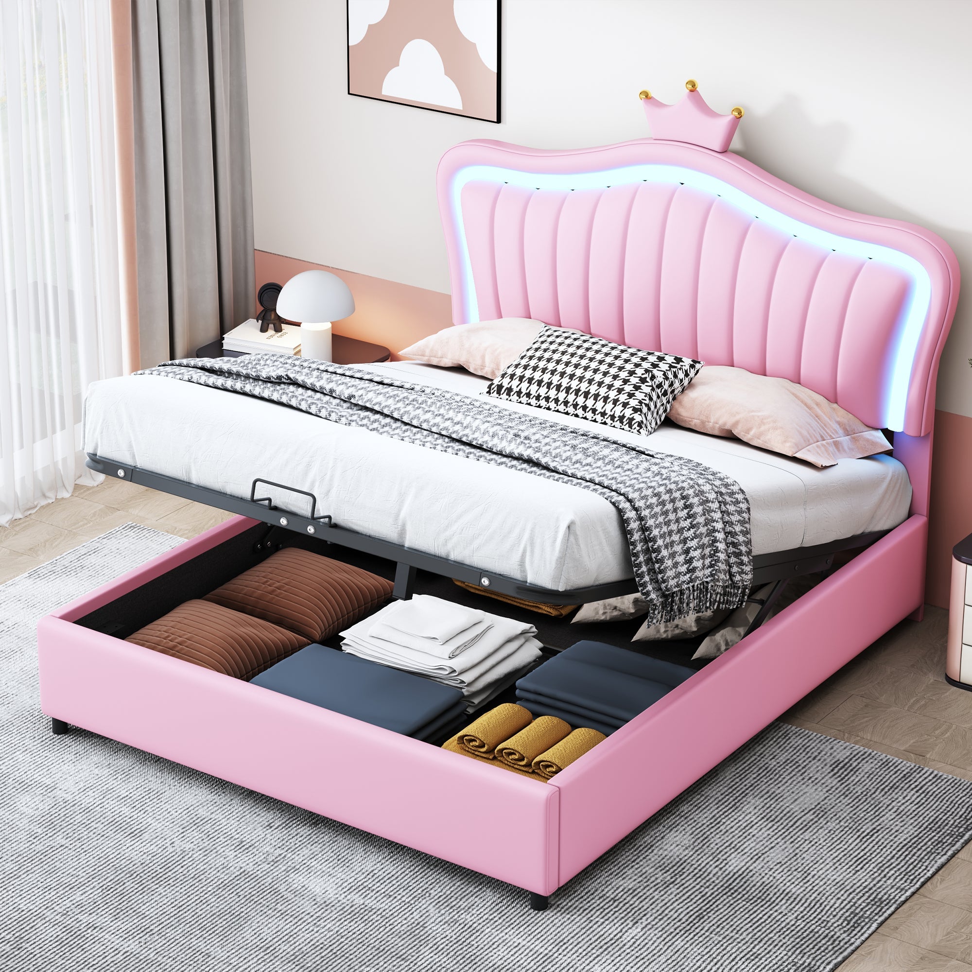 Logidon kinderbed 140x200 roze gestoffeerd bed met hydraulische opbergruimte