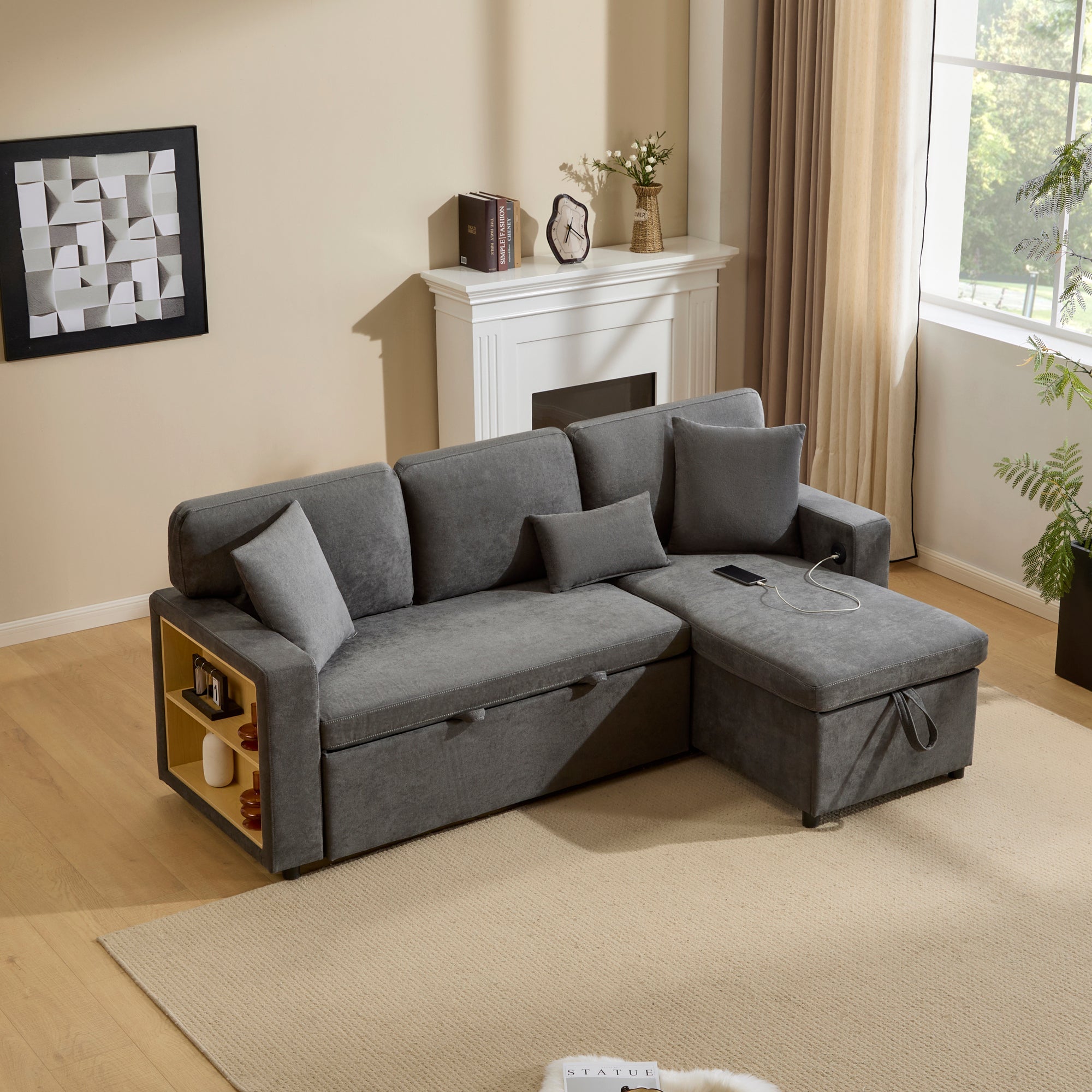 Logidon Corner Sofa Gray Extendable Bed With Bed Box Shelf 214x131