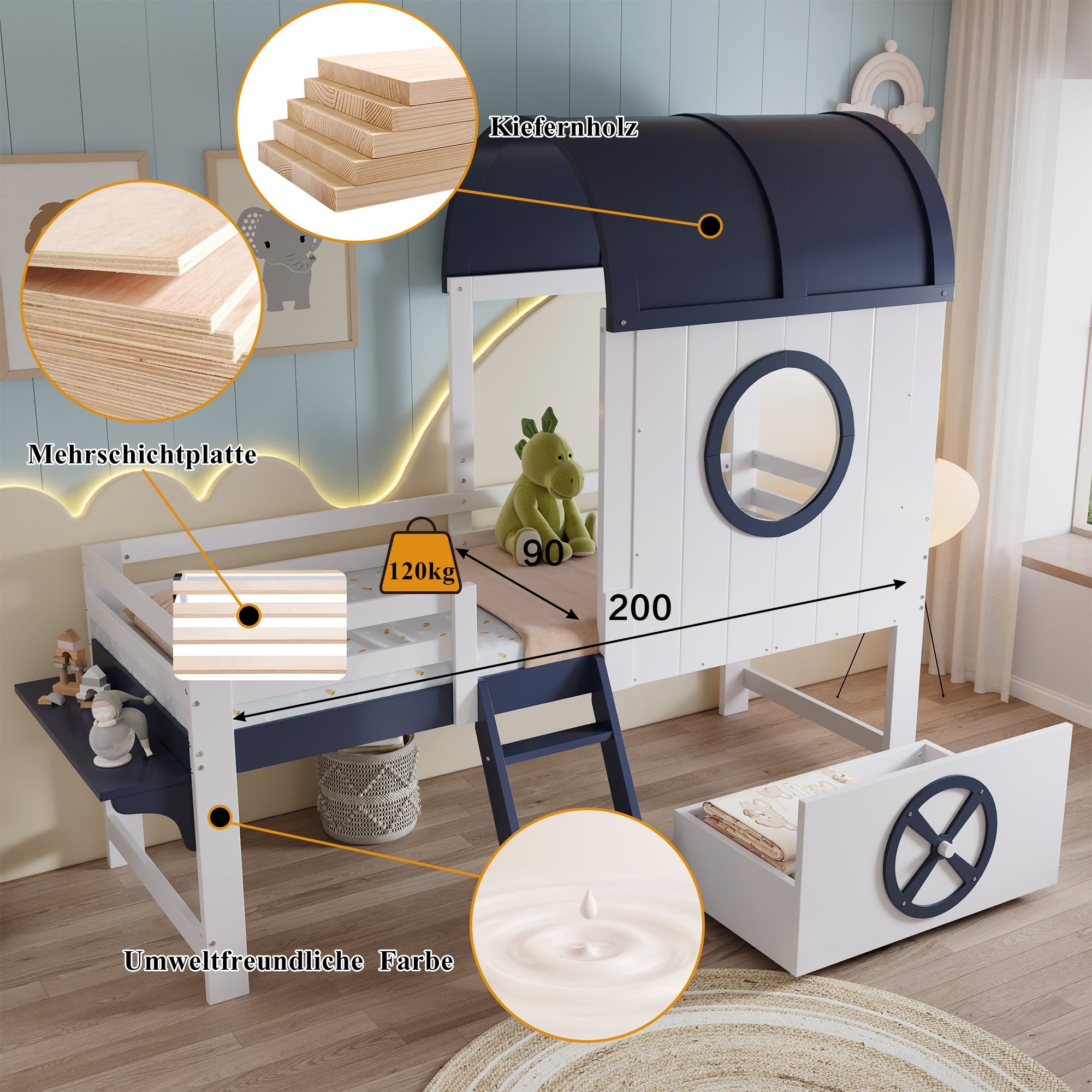 Logidon stapelbed halfhoogslaper 90x200 wit donkerblauw dakraam