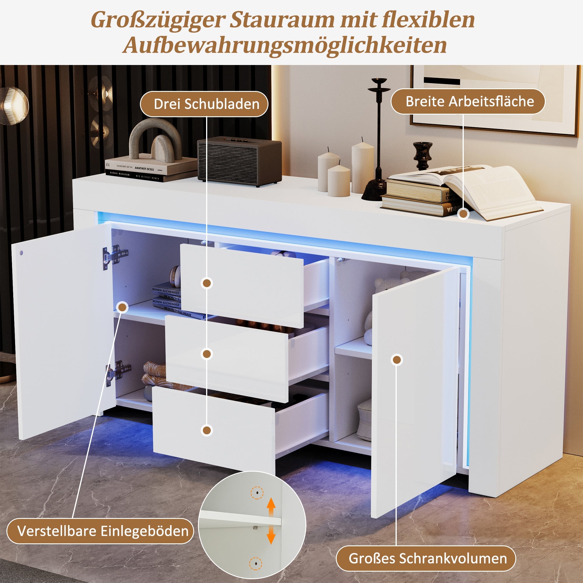 Logidon wit hoogglans dressoir 140x40x65 cm met LED verlichting