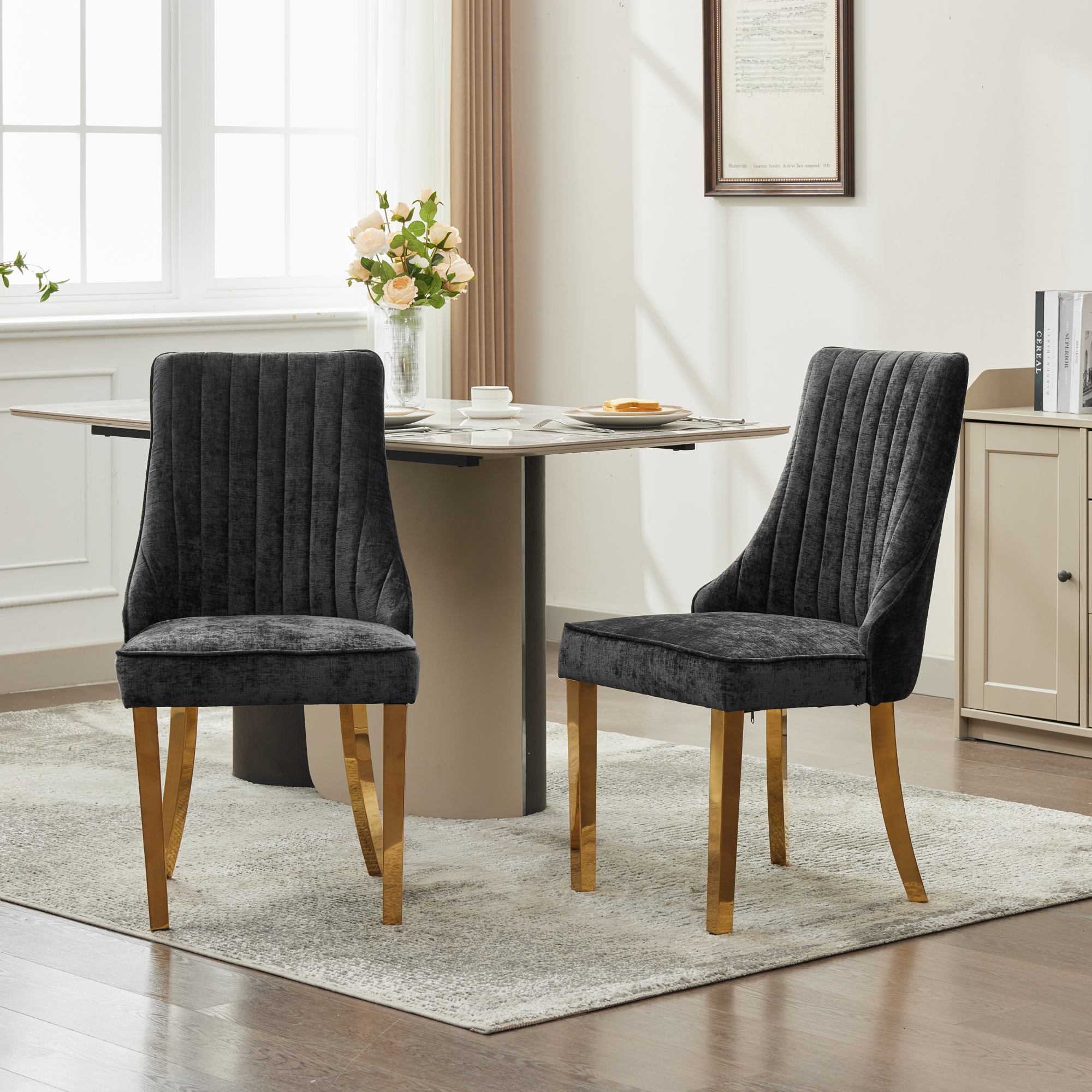 Logidon Chenille Eetstoelenset Zwart Gouden Poten Set van 2 65x50x95 cm