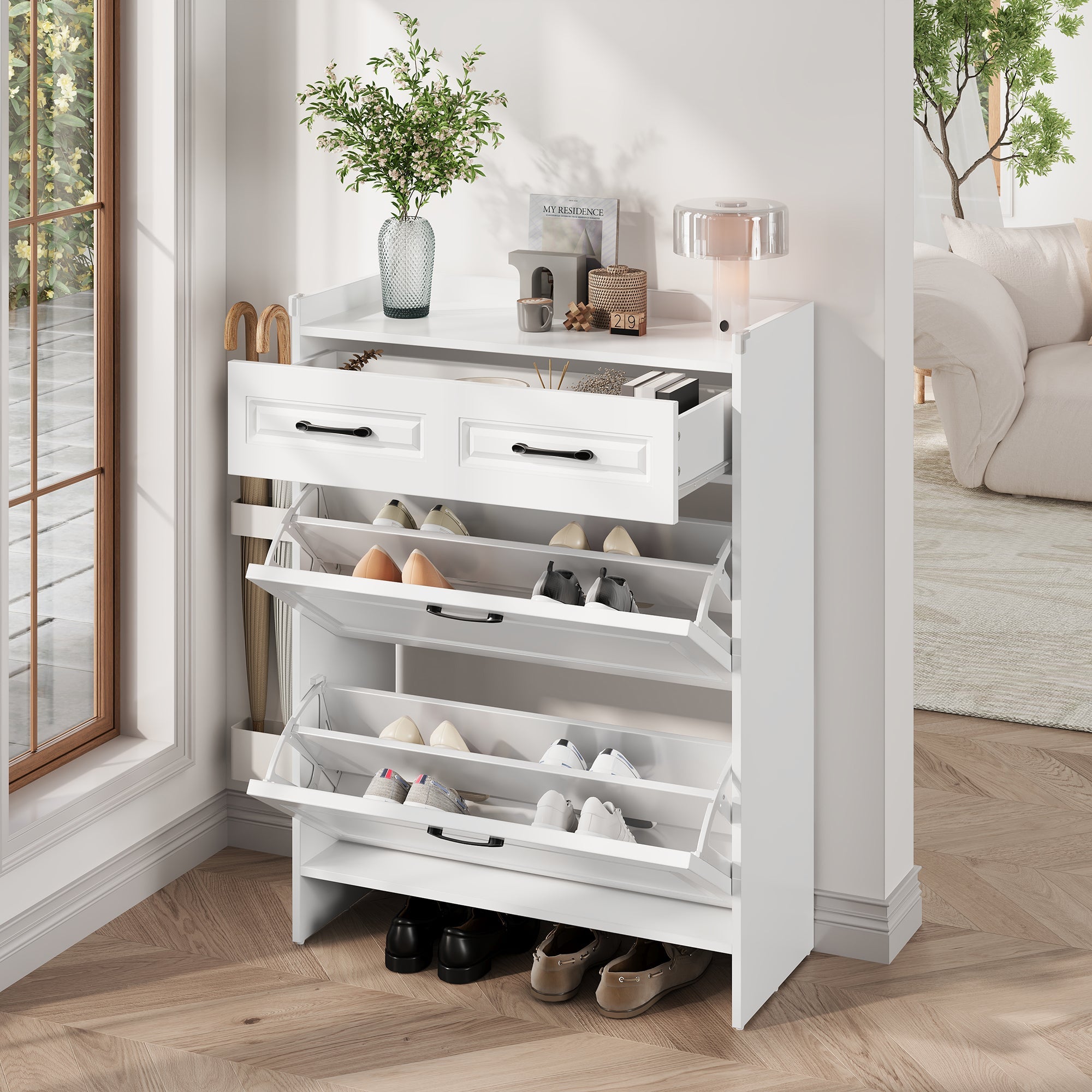 Logidon shoe cabinet white MDF 80 x 34 x 107.5 cm with 4 compartments and 1 drawer