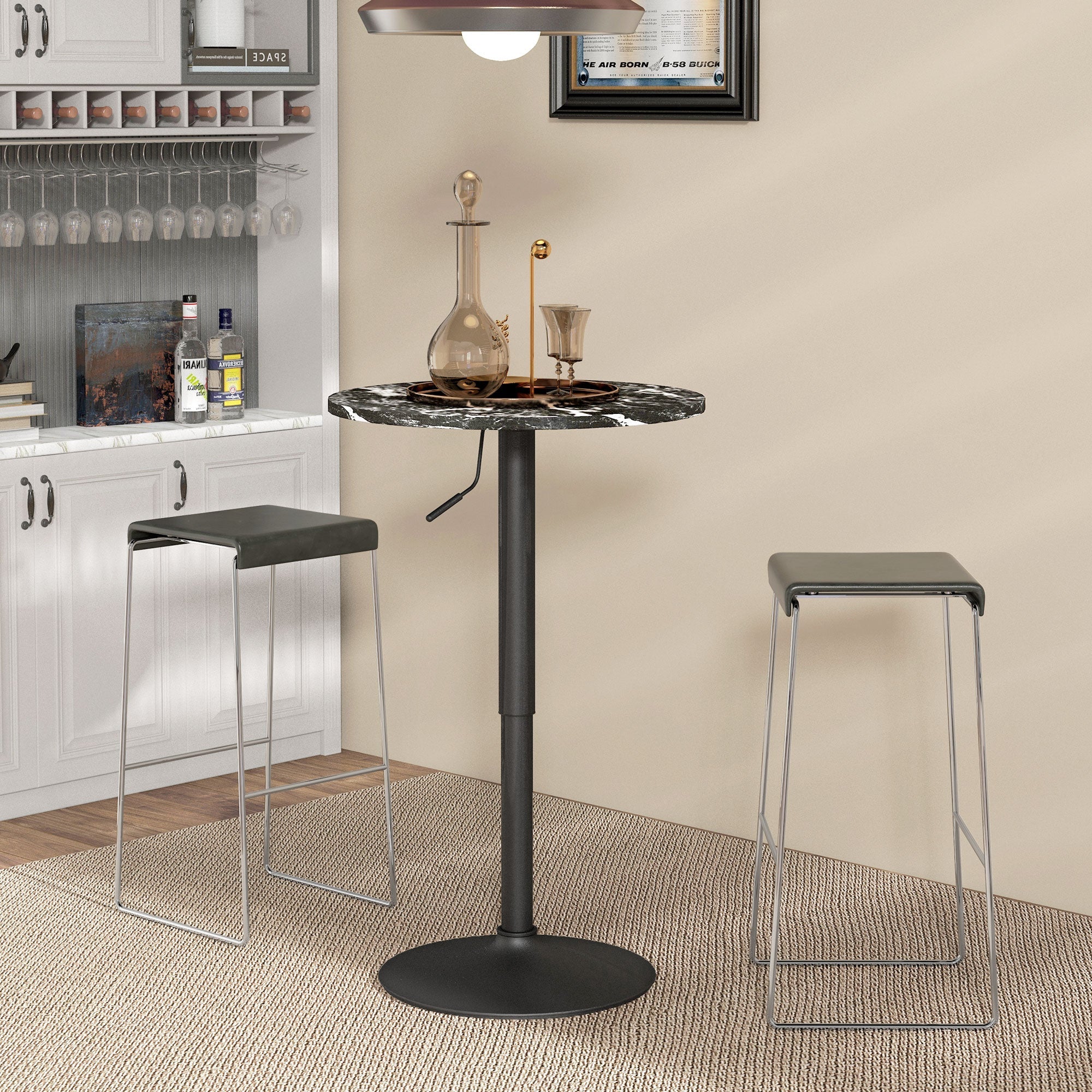 Logidon Ronde Bartafel Marmerlook Zwart Verstelbaar 60 cm 68-93,5 cm