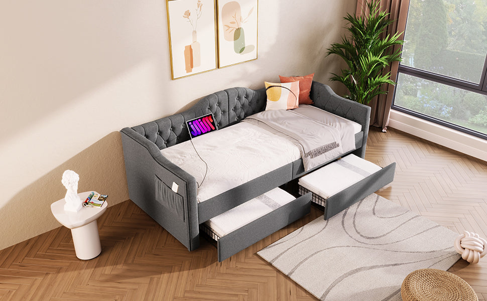 Logidon upholstered daybed 90x200 gray USB-C charging function 2 drawers