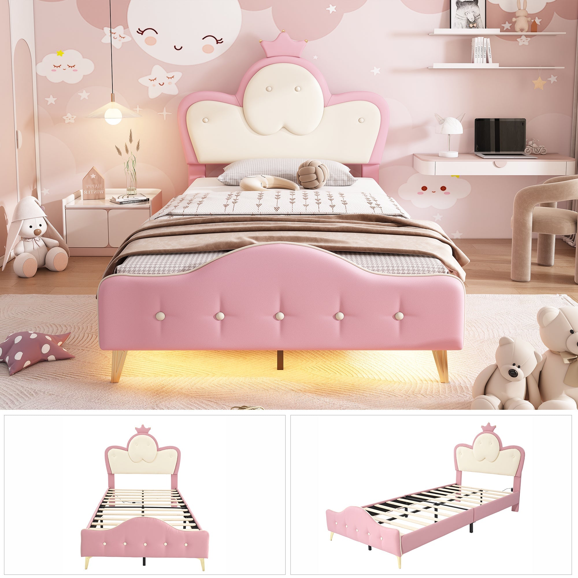Logidon gestoffeerd bed kinderbed roze wit 90x200 met kroonhoofdbord