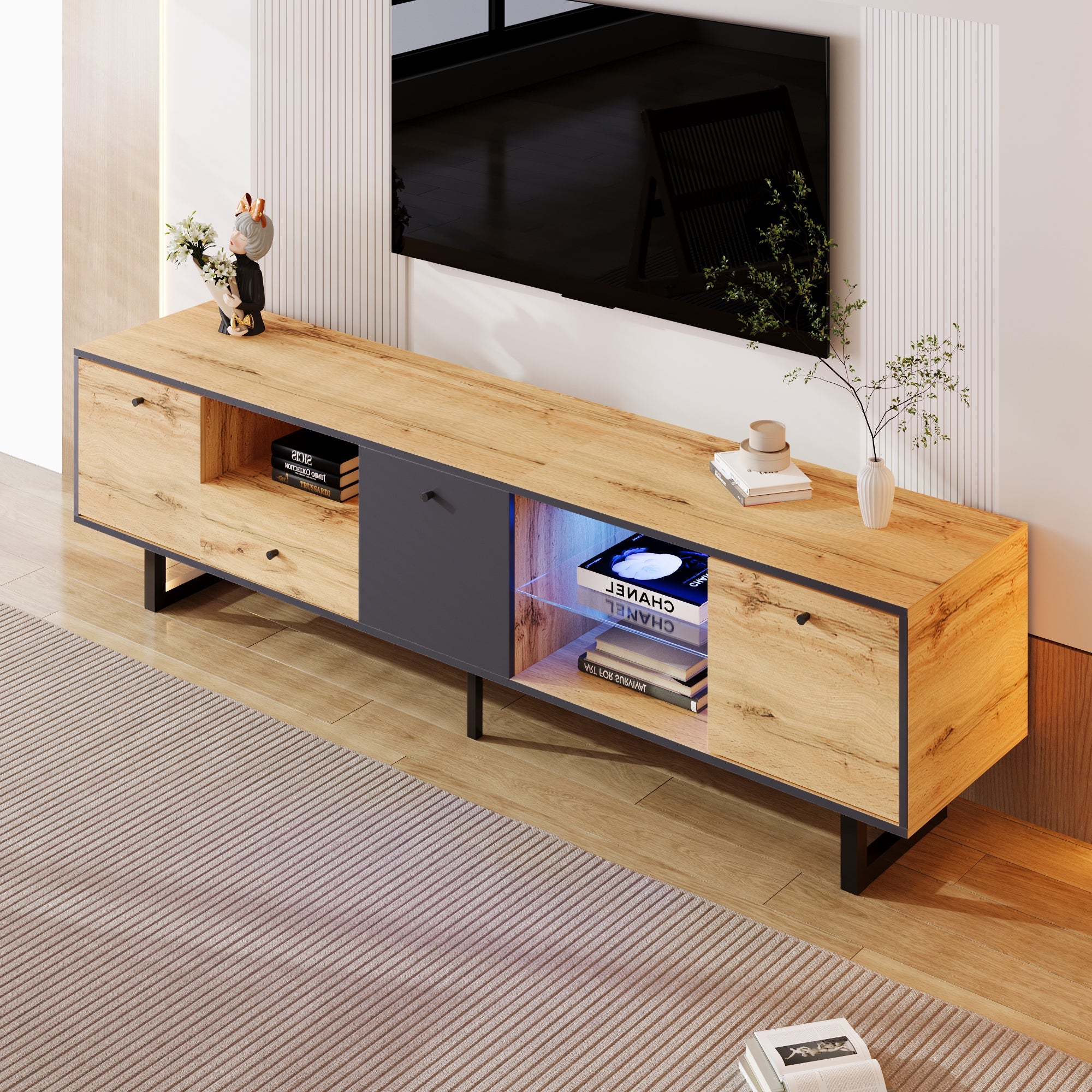 Logidon lowboard tv-meubel met LED-lichteffect natuurlijke houtlook