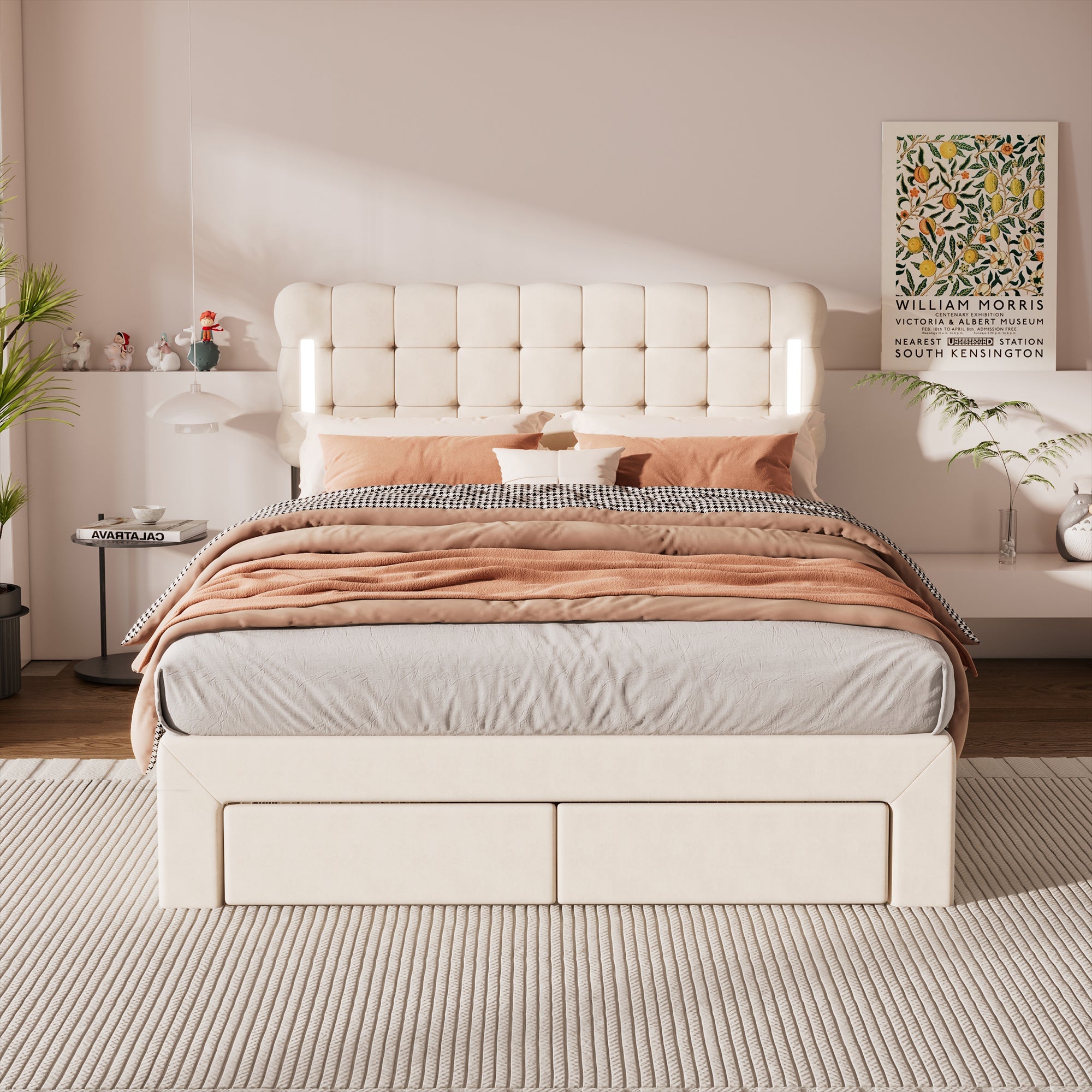 Logidon Flat Bed 140x200 Beige Velvet With Lighting And 4 Drawers