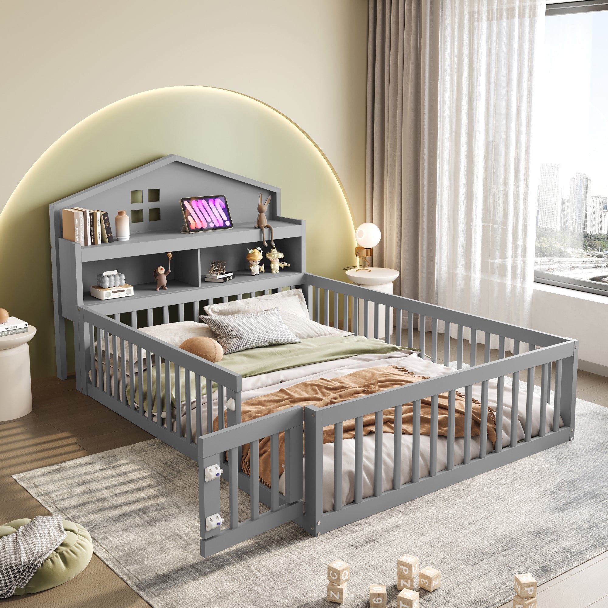 Logidon kinderbed 140x200 huisvorm massief hout grijs met opbergruimte