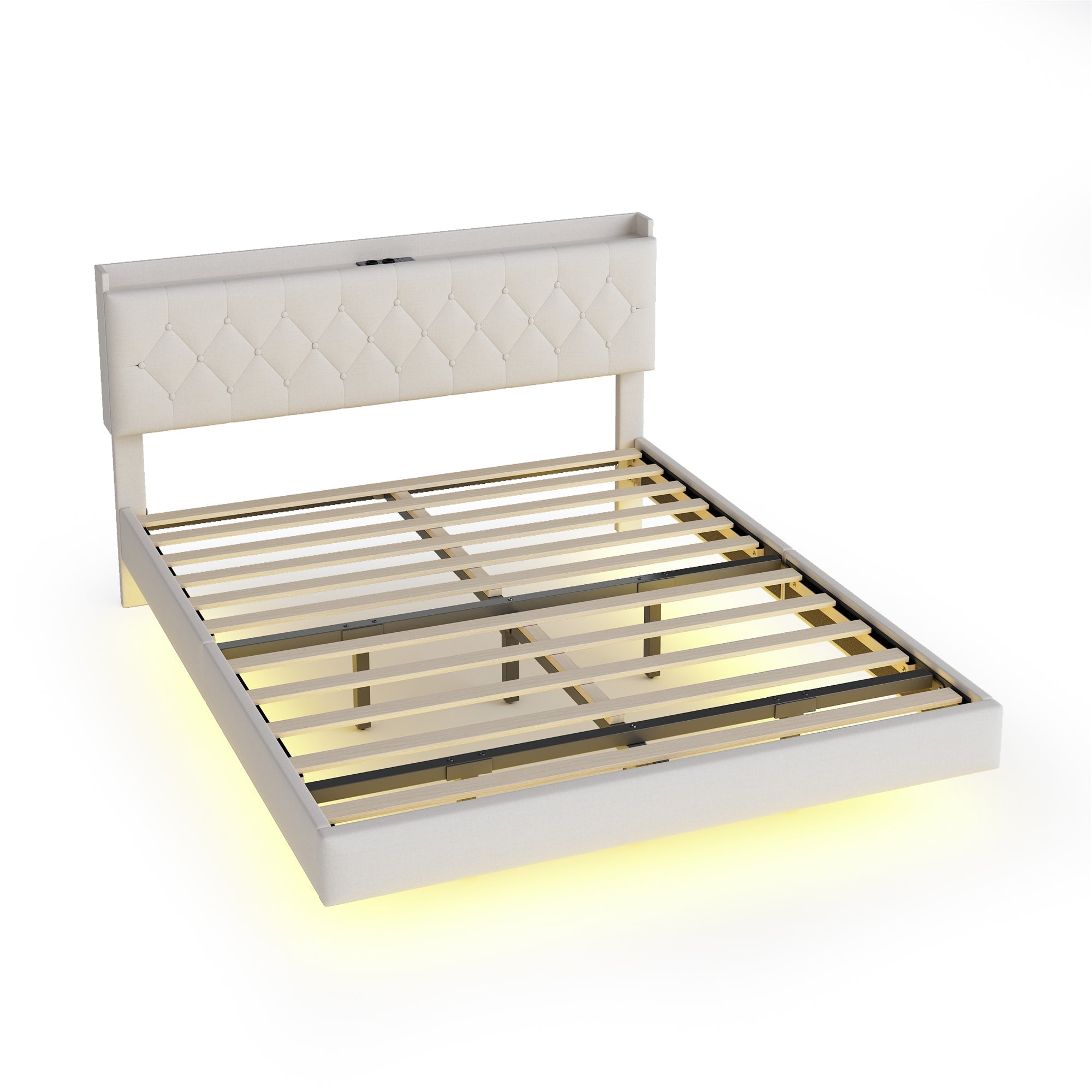 Logidon gestoffeerd bed 140x200 cm beige USB-oplaadpoort LED-lichtstrip