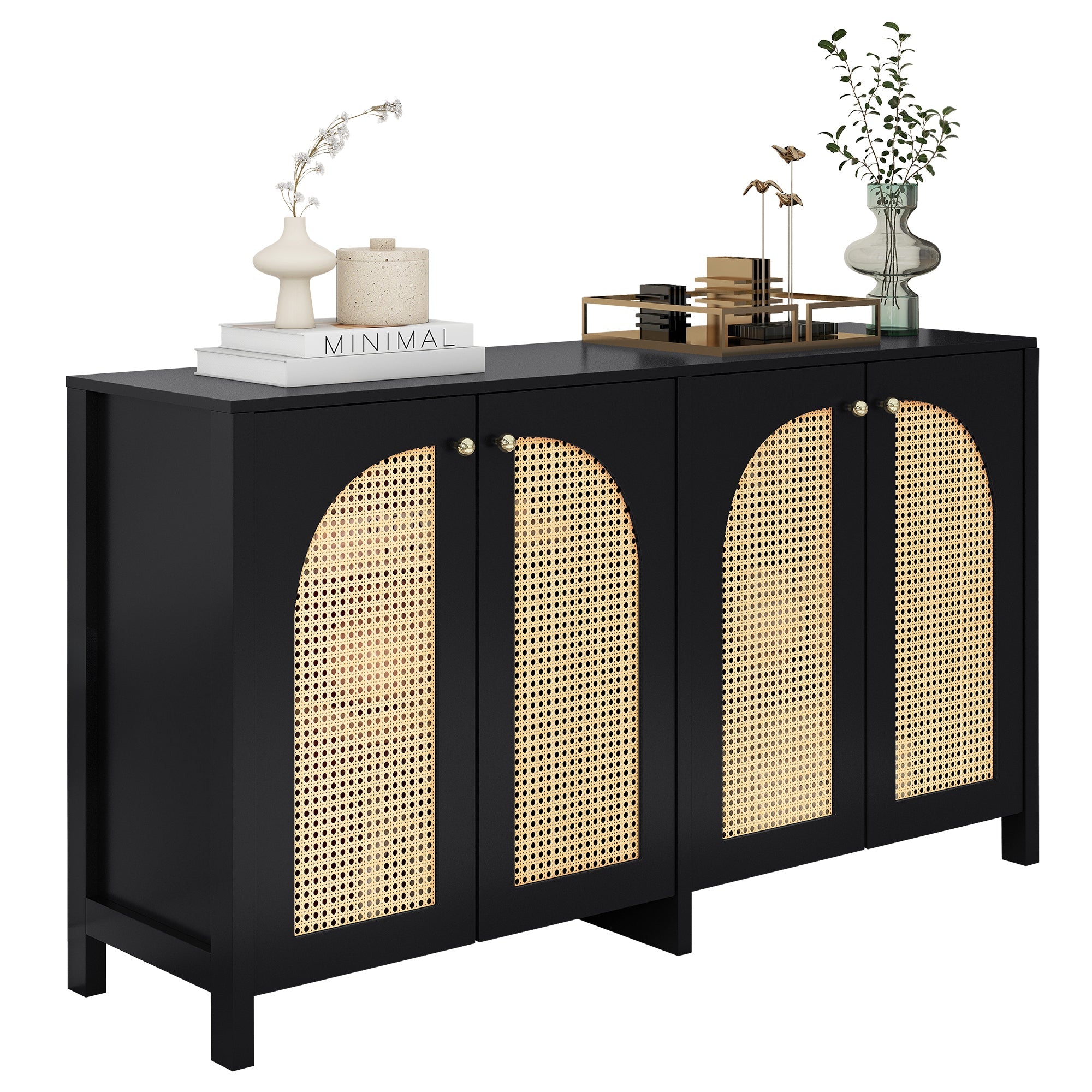 Logidon Dressoir Zwart Met Rotan Deuren Modern Buffet 145x40x80