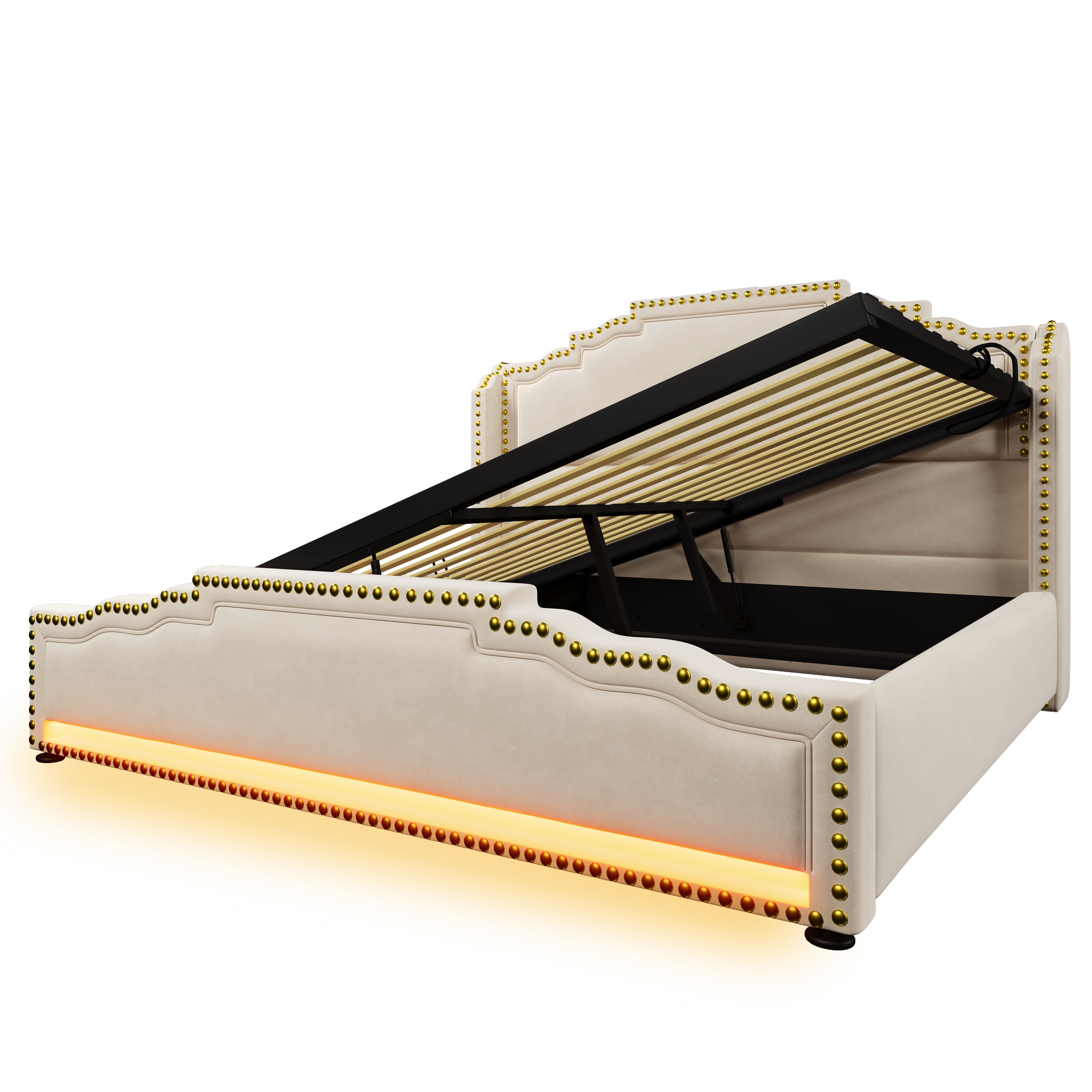 Logidon gestoffeerd bed 160x200 beige fluweel met opbergruimte LED USB C