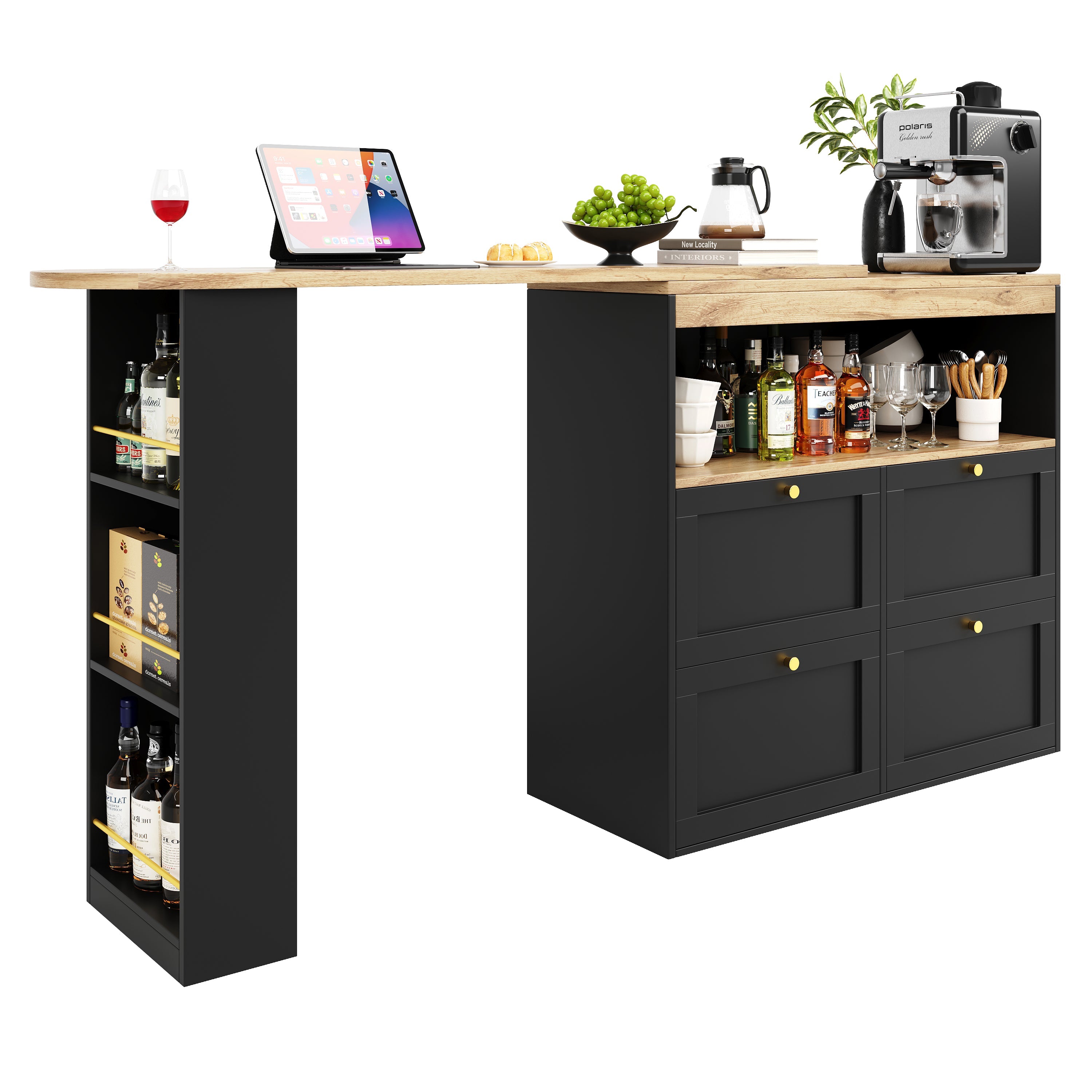 Logidon 360 graden draaibare eetbar zwart 138 cm - 4 lades
