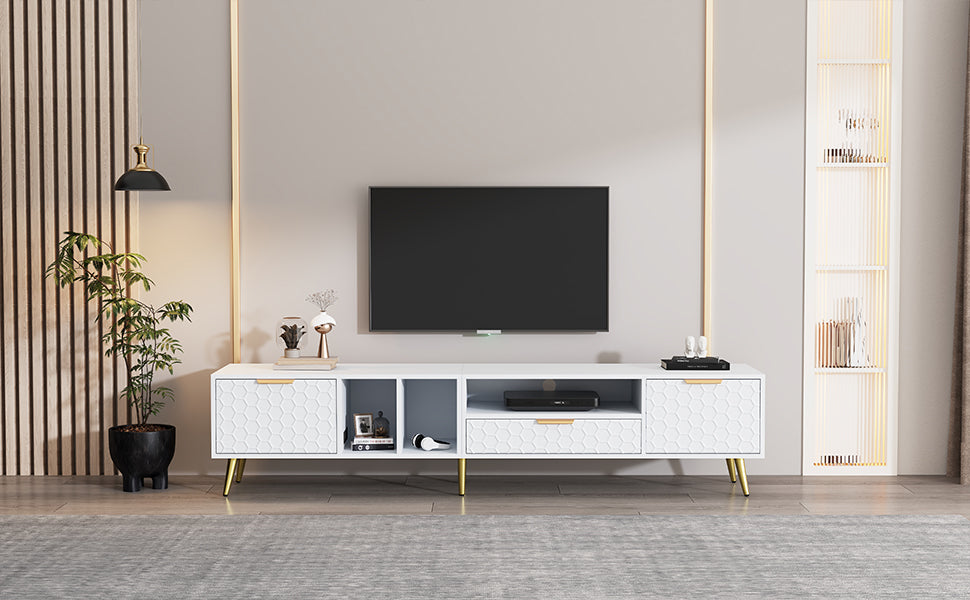 Logidon White TV Stand with Honeycomb Pattern and Storage Space for up to 80 Inches