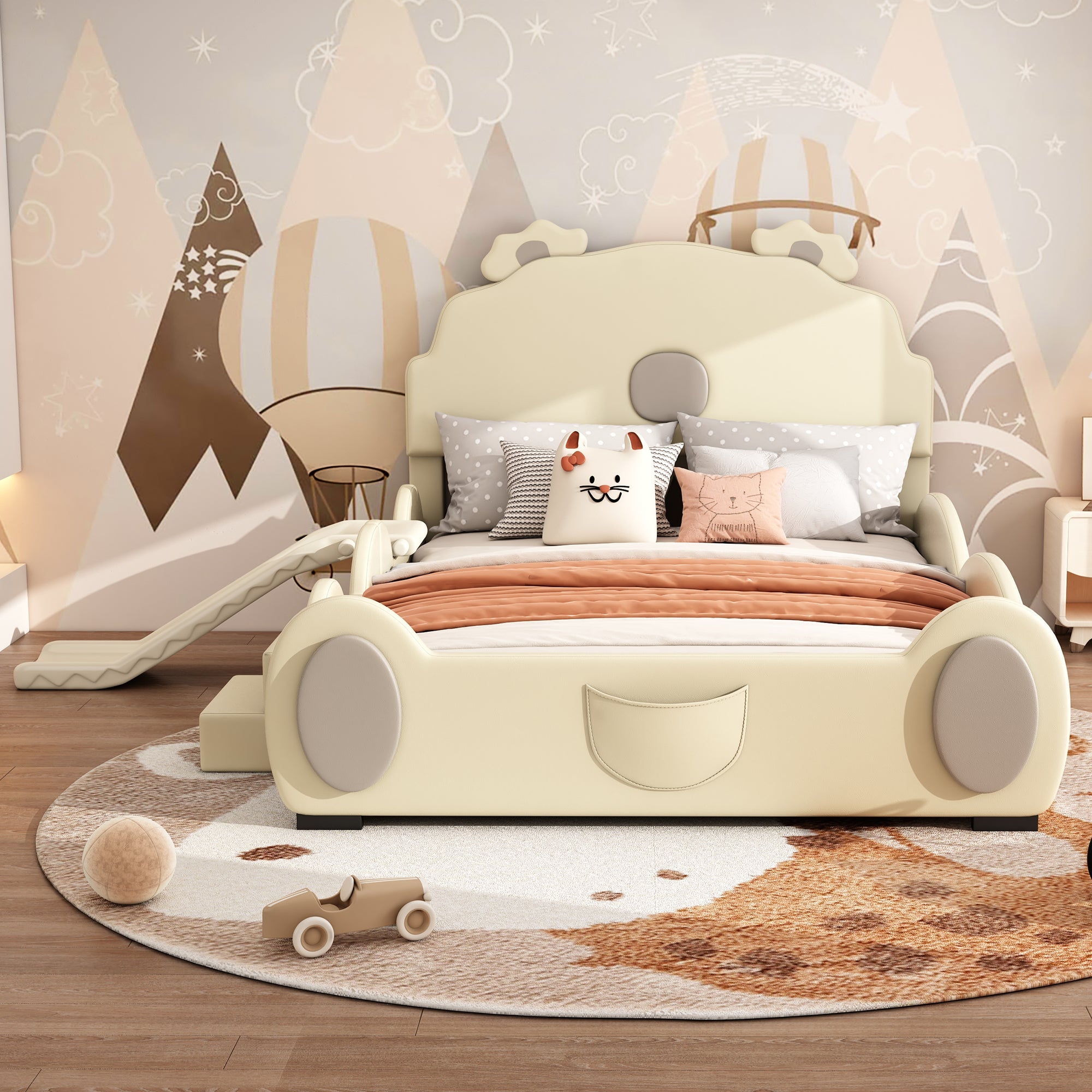 Logidon Cartoon Bear Bed 90x200 cm With Slide And Ladder Beige