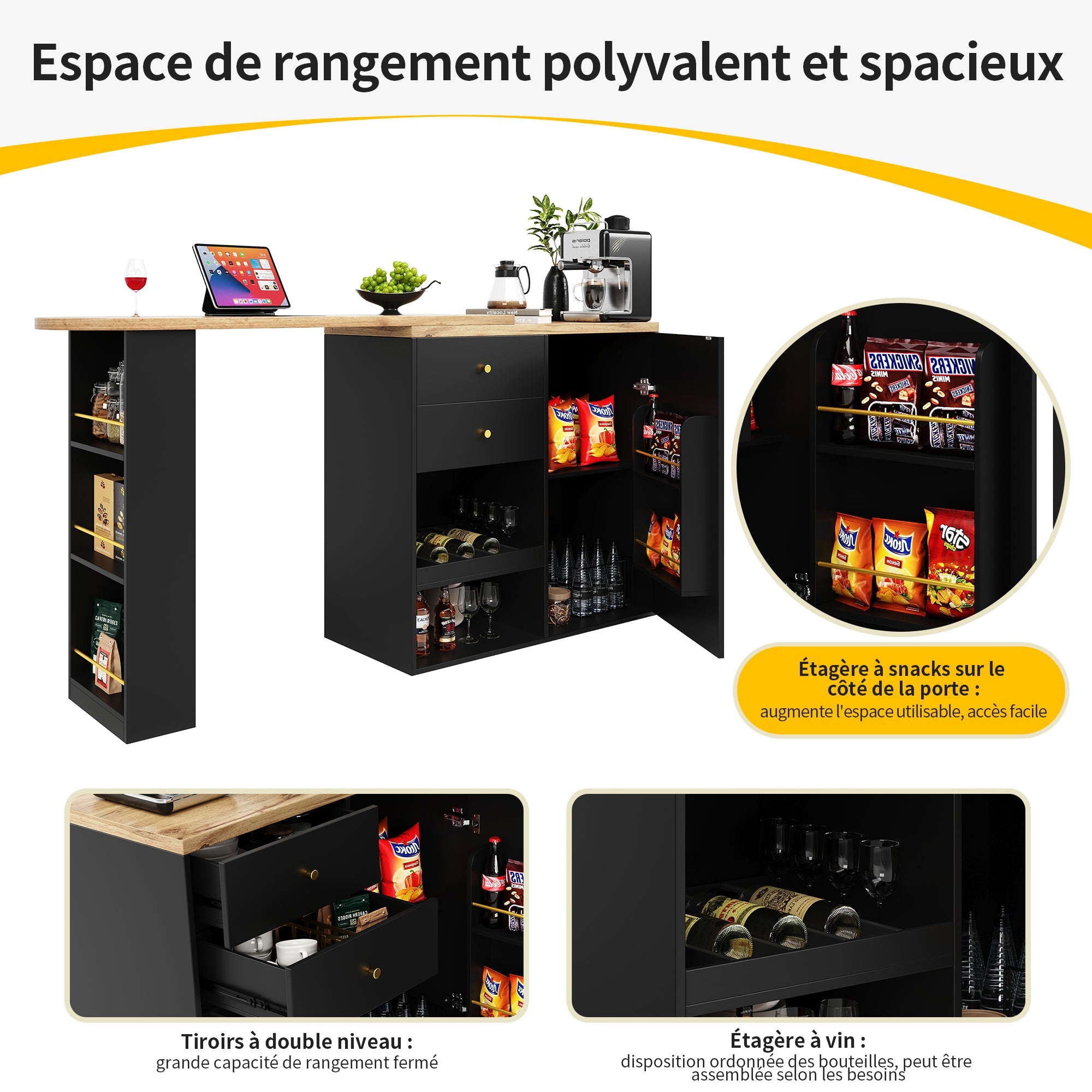Logidon 360° draaibare bartafel 138 cm zwart met 2 lades